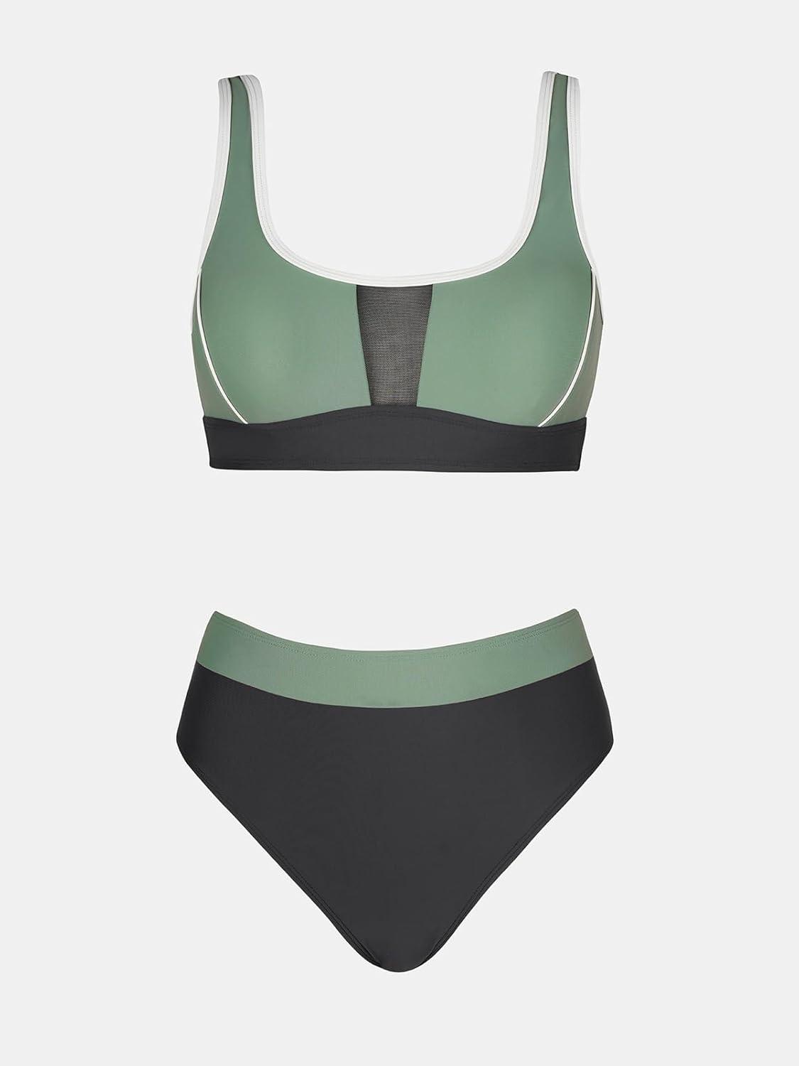 imageCUPSHE Womens Bikini Sets Two Piece Swimsuit High Waisted Scoop Neck Bathing Suit Color Block SwimwearSage GreenNavy Blue