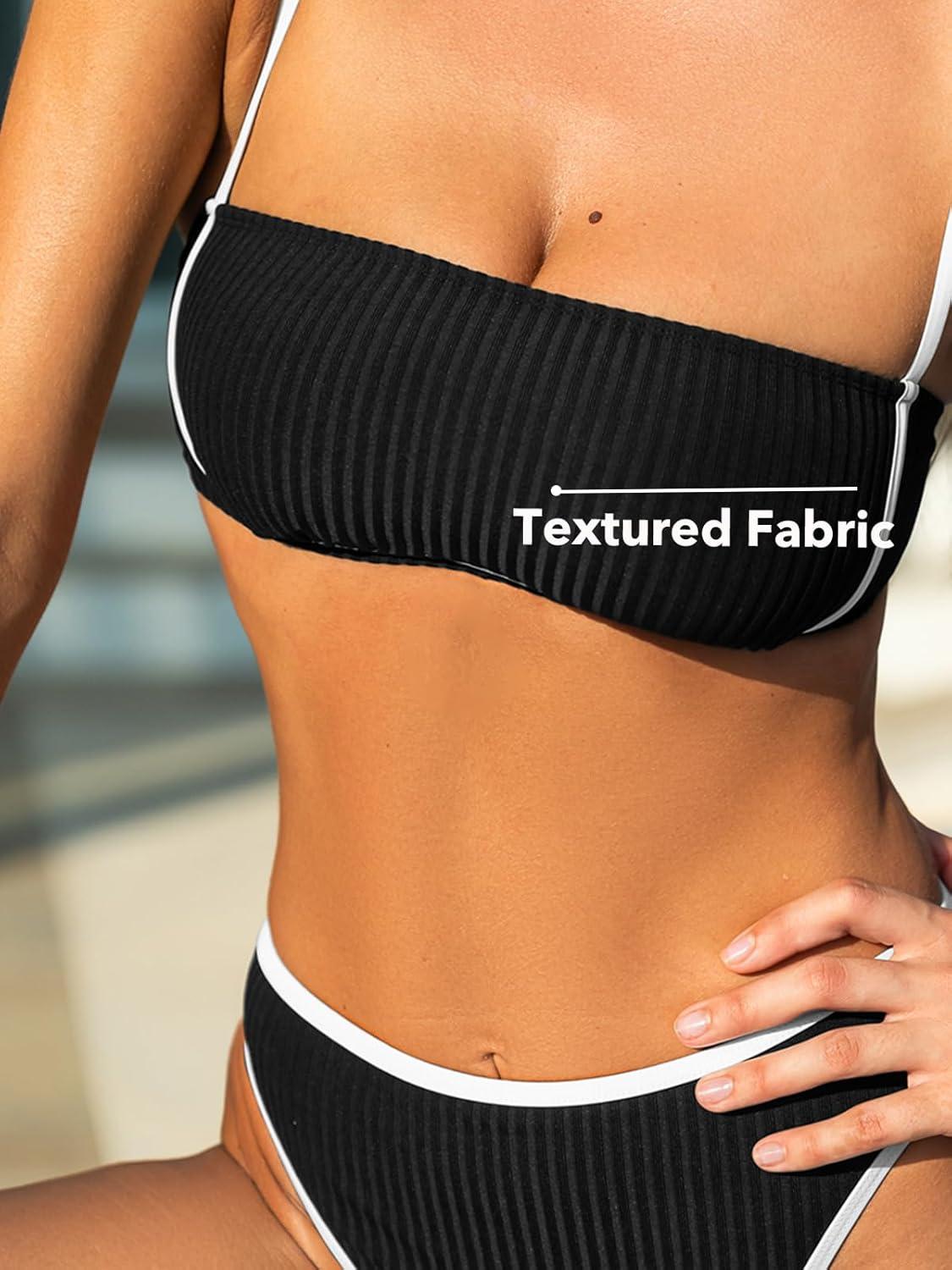 imageCUPSHE Womens Bikini Sets Two Piece Swimsuit High Waisted Square Neck Back Hook Color Block Cheeky BottomBlackBeige