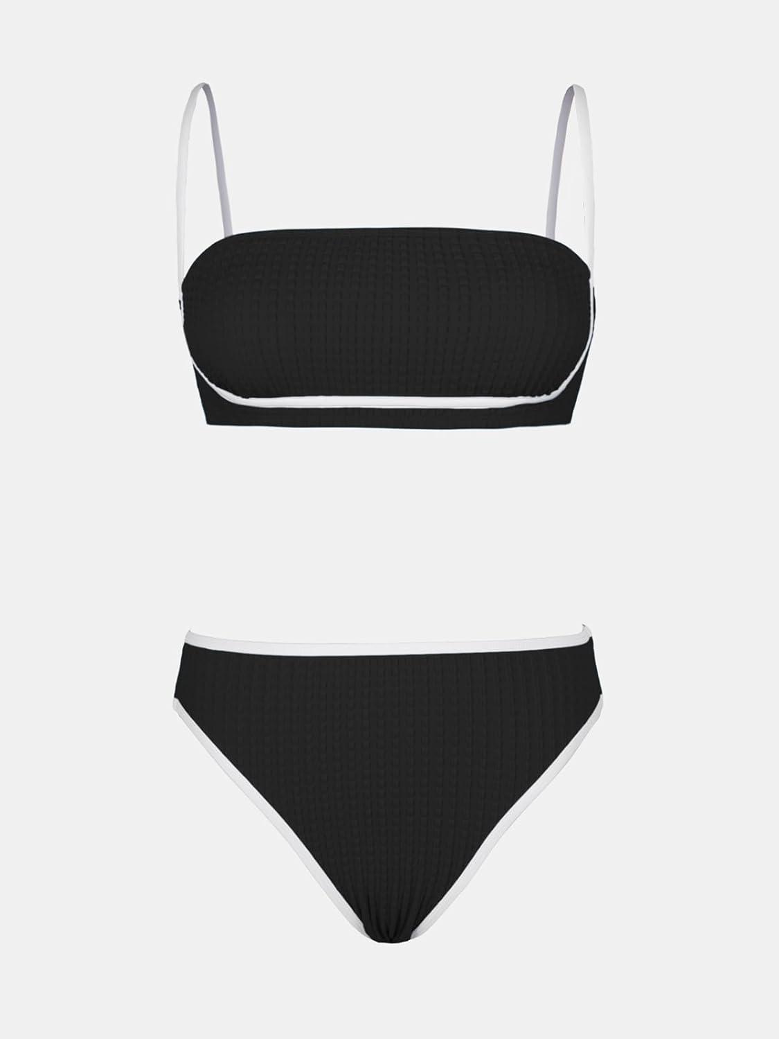 imageCUPSHE Womens Bikini Sets Two Piece Swimsuit High Waisted Square Neck Back Hook Color Block Cheeky BottomBlackBeige