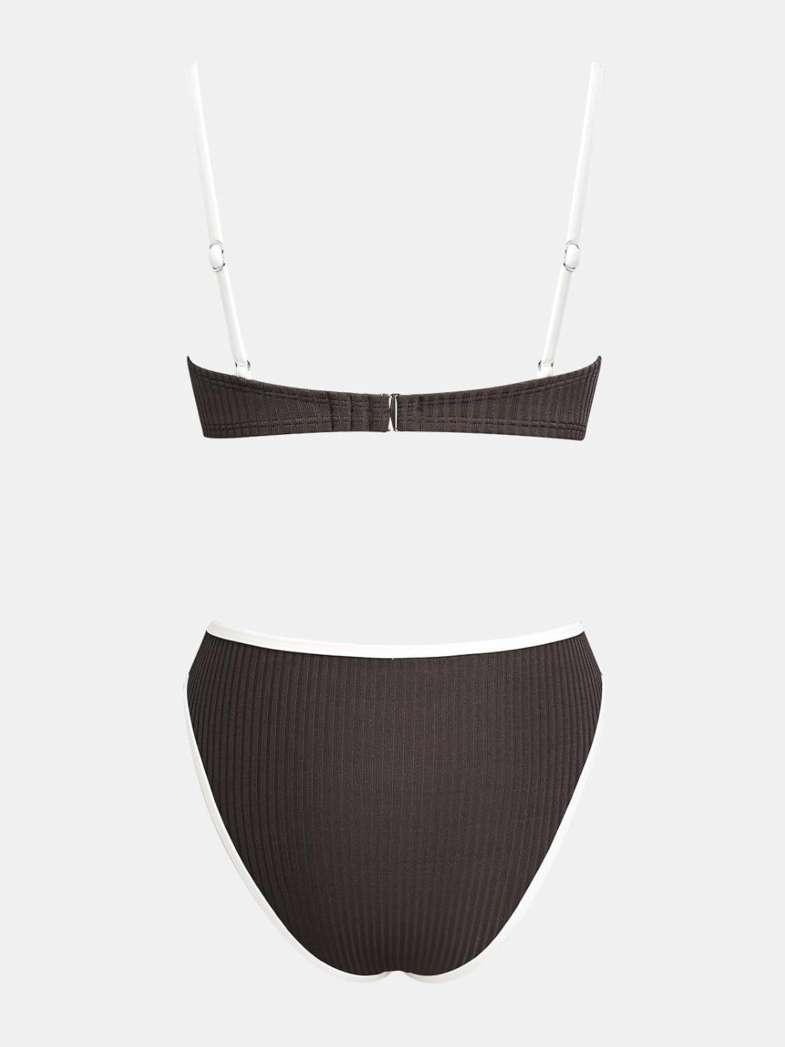 imageCUPSHE Womens Bikini Sets Two Piece Swimsuit High Waisted Square Neck Back Hook Color Block Cheeky BottomDark BrownWhite
