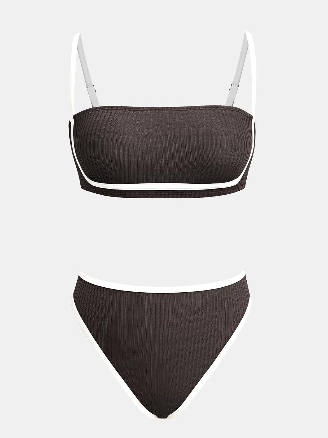 imageCUPSHE Womens Bikini Sets Two Piece Swimsuit High Waisted Square Neck Back Hook Color Block Cheeky BottomDark BrownWhite