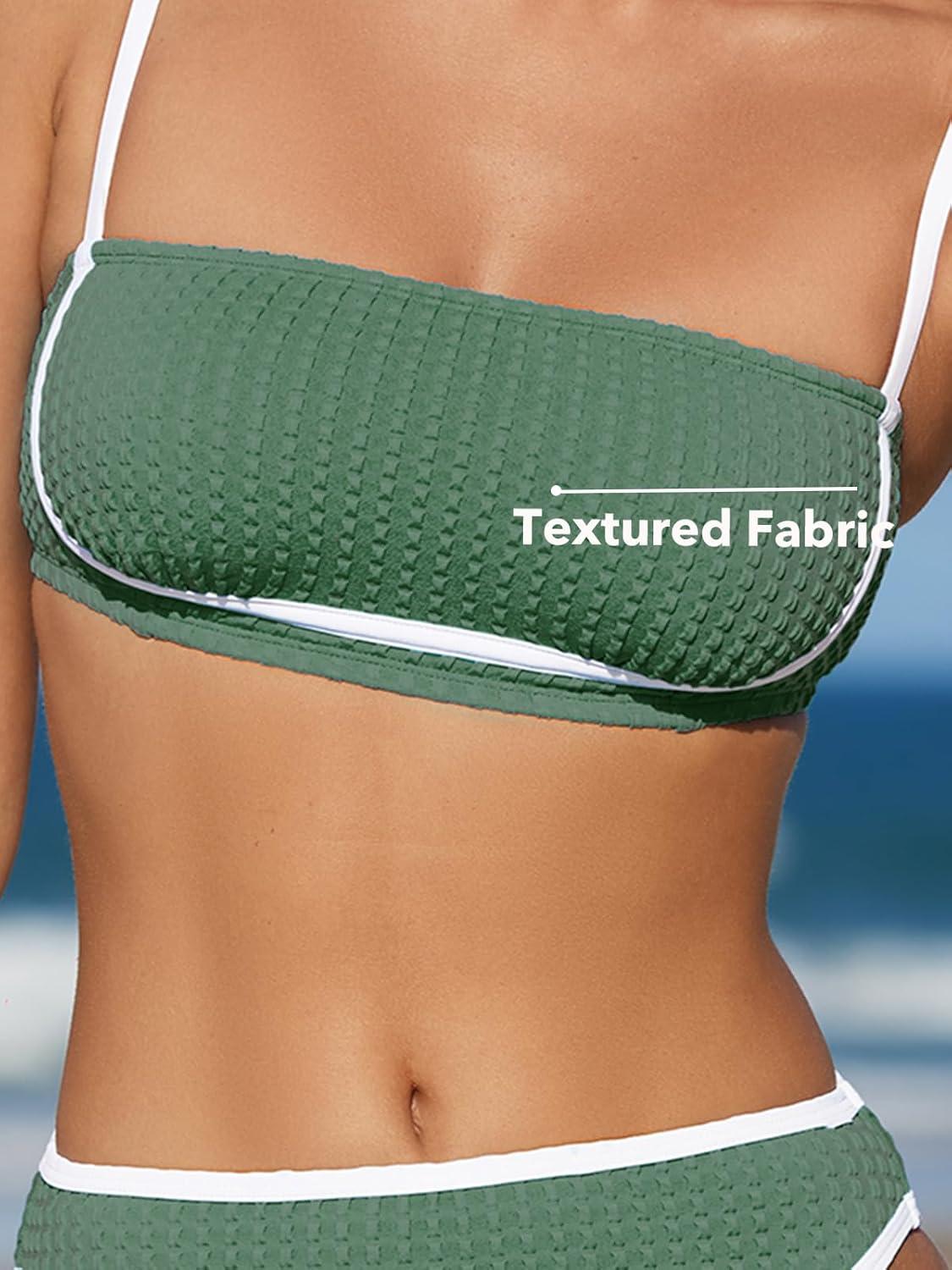 imageCUPSHE Womens Bikini Sets Two Piece Swimsuit High Waisted Square Neck Back Hook Color Block Cheeky BottomGreenWhite