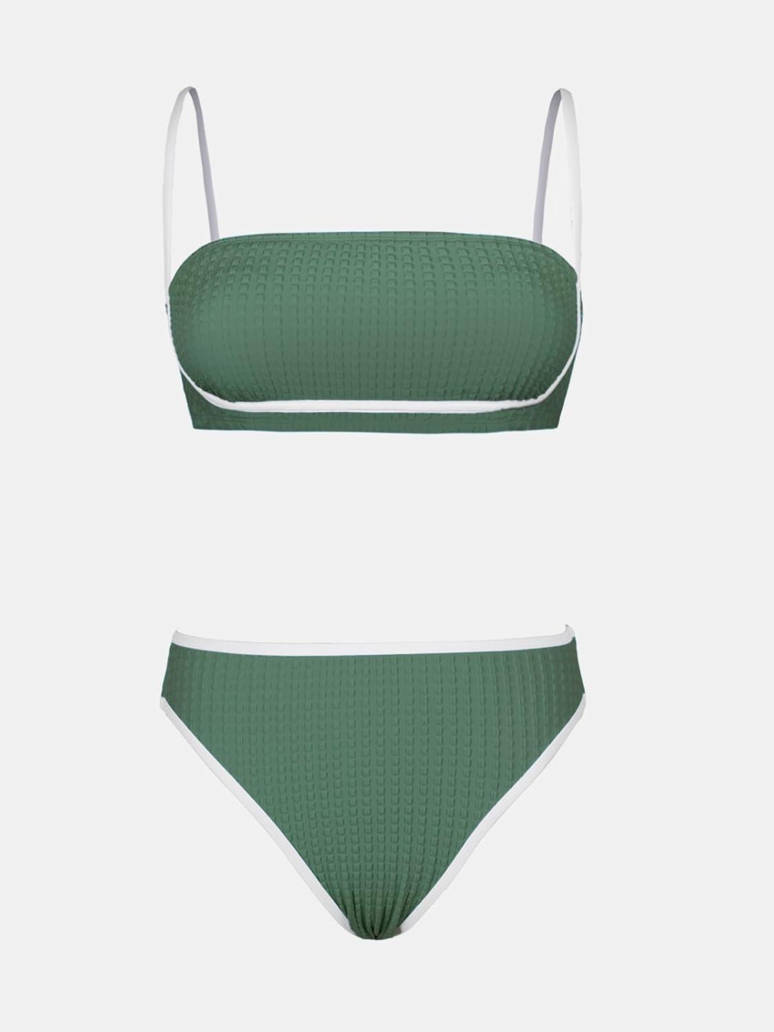 imageCUPSHE Womens Bikini Sets Two Piece Swimsuit High Waisted Square Neck Back Hook Color Block Cheeky BottomGreenWhite