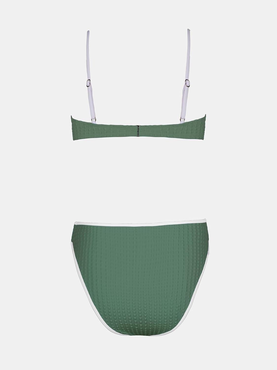 imageCUPSHE Womens Bikini Sets Two Piece Swimsuit High Waisted Square Neck Back Hook Color Block Cheeky BottomGreenWhite