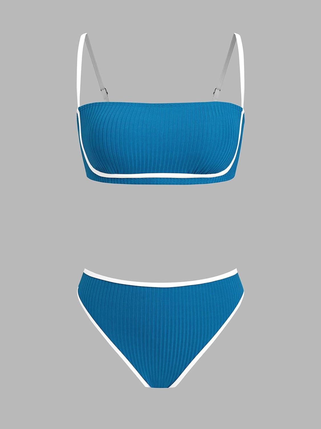 imageCUPSHE Womens Bikini Sets Two Piece Swimsuit High Waisted Square Neck Back Hook Color Block Cheeky BottomNavy BlueWhite