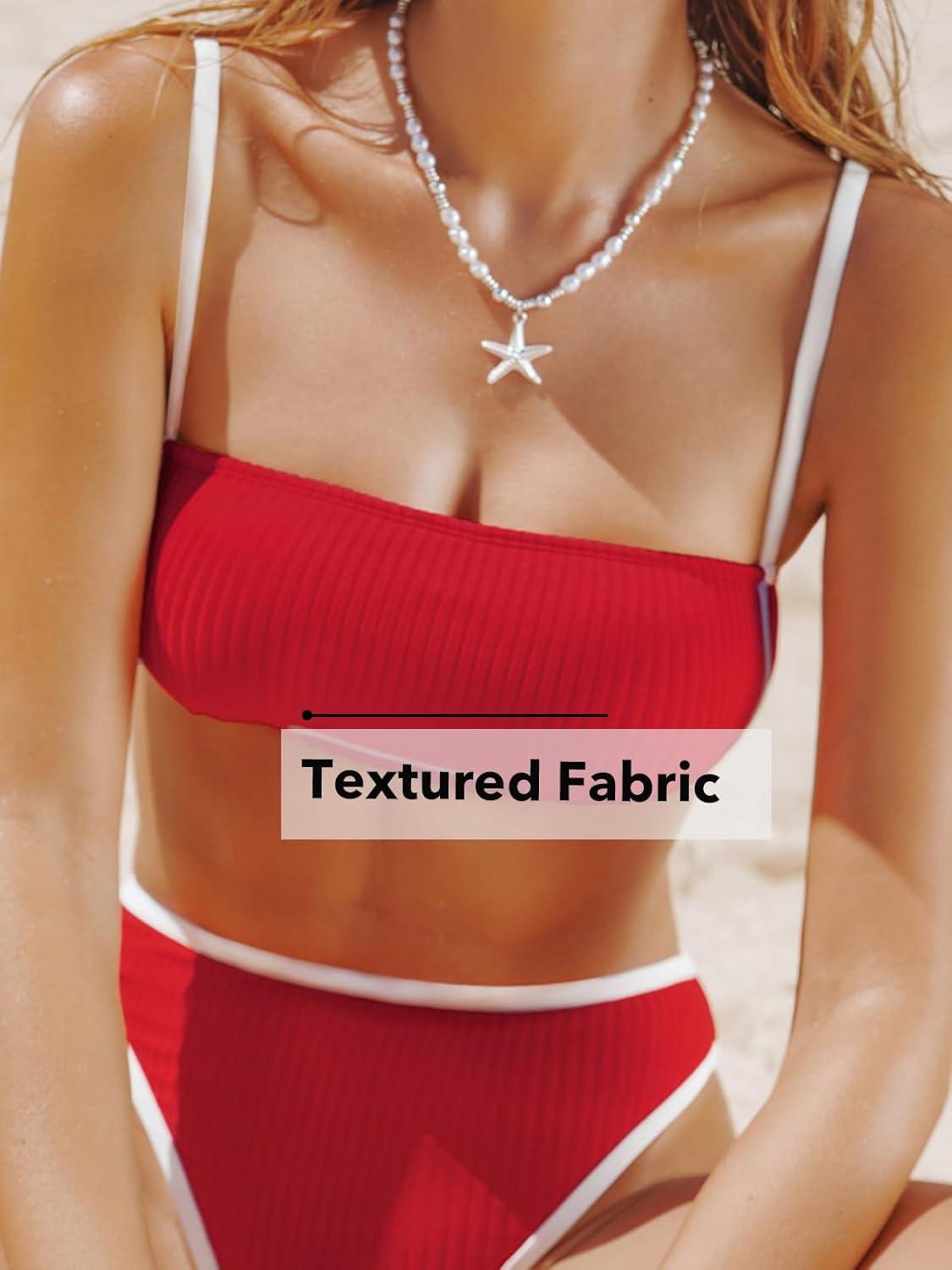 imageCUPSHE Womens Bikini Sets Two Piece Swimsuit High Waisted Square Neck Back Hook Color Block Cheeky BottomRedWhite
