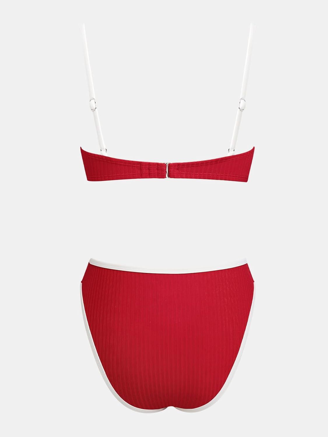 imageCUPSHE Womens Bikini Sets Two Piece Swimsuit High Waisted Square Neck Back Hook Color Block Cheeky BottomRedWhite