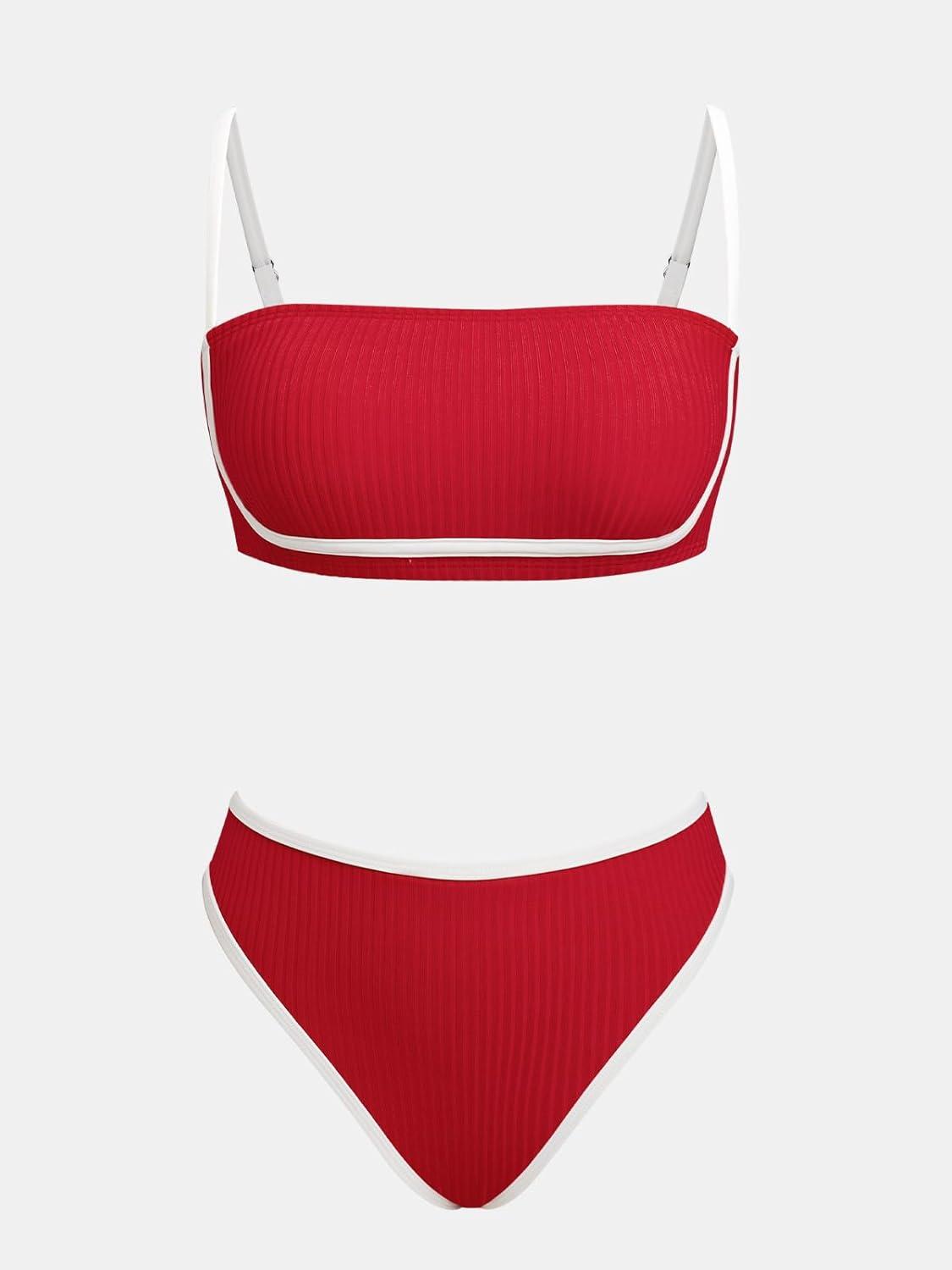 imageCUPSHE Womens Bikini Sets Two Piece Swimsuit High Waisted Square Neck Back Hook Color Block Cheeky BottomRedWhite