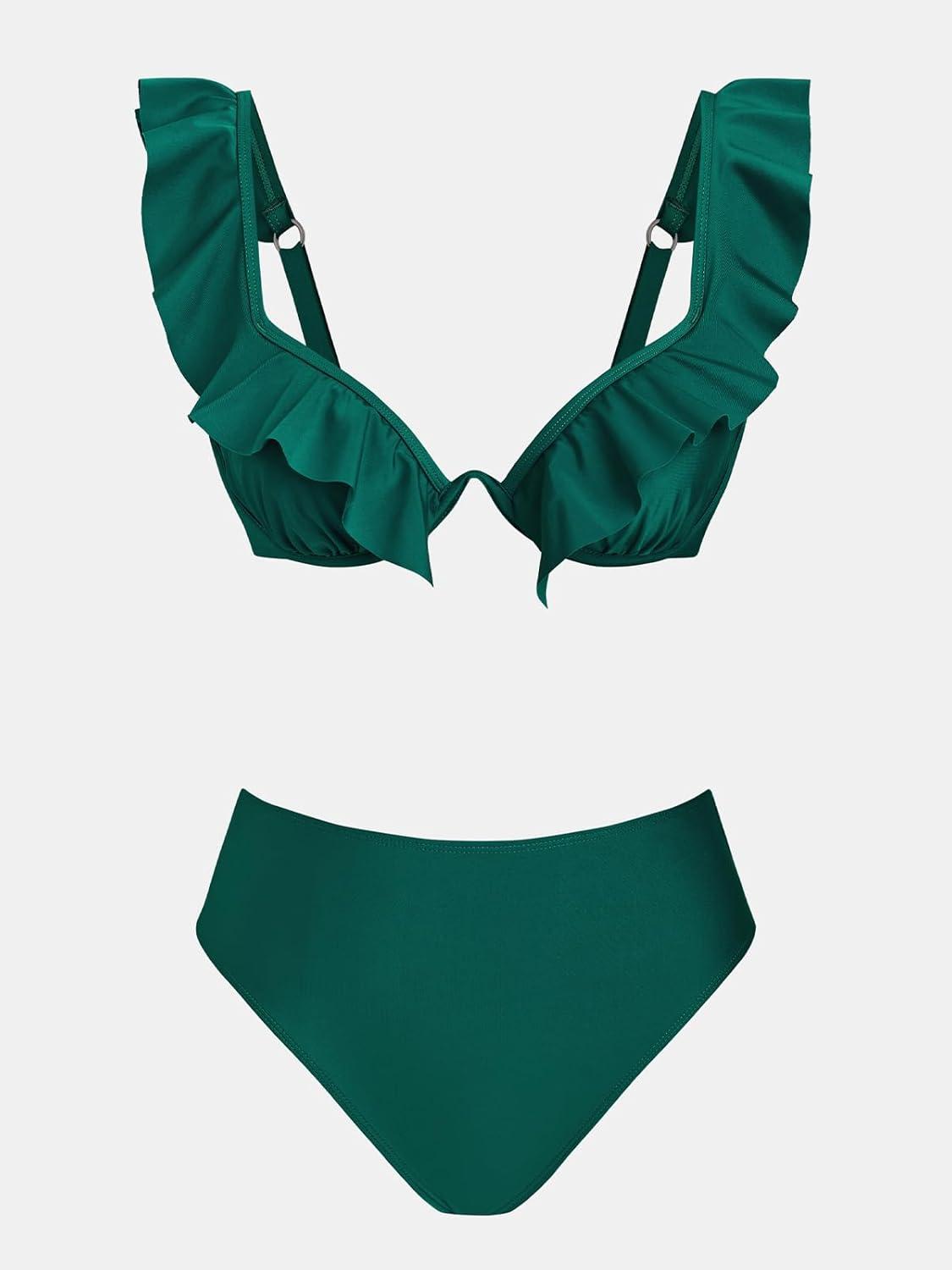 imageCUPSHE Womens Bikini Sets Two Piece Swimsuit High Waisted Sweetheart Neck Underwire Ruffle Adjustable Straps Back HookDark Green