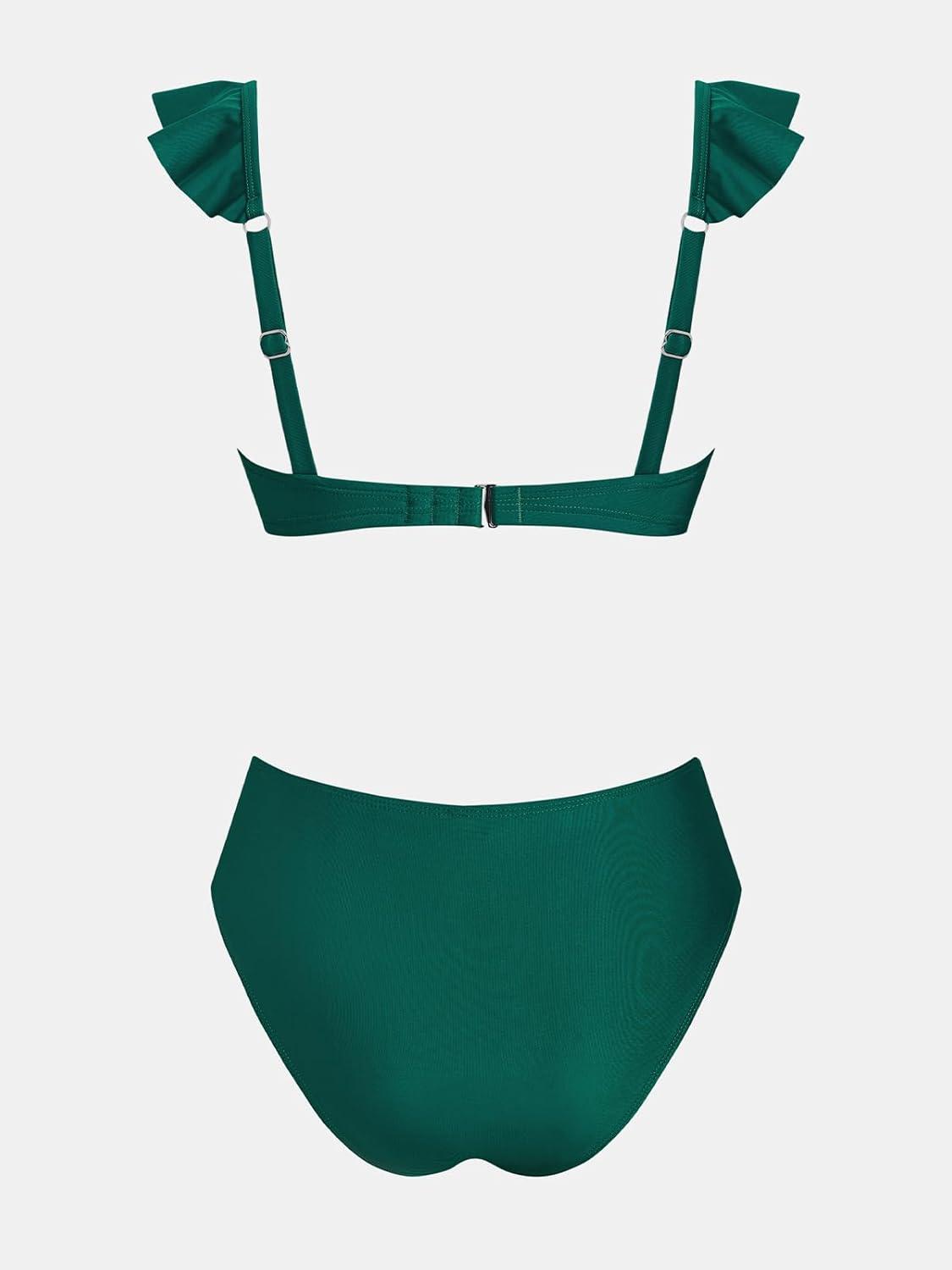 imageCUPSHE Womens Bikini Sets Two Piece Swimsuit High Waisted Sweetheart Neck Underwire Ruffle Adjustable Straps Back HookDark Green