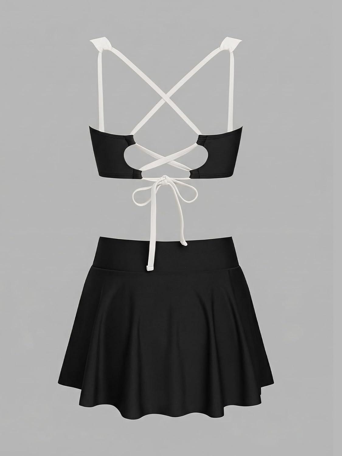 imageCUPSHE Womens Bikini Sets Two Piece Swimsuit High Waisted Swim Skirt Crossback Tie Modest Bathing Suit Color BlockBlackWhite