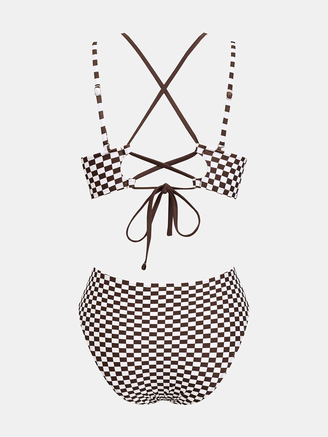imageCUPSHE Womens Bikini Sets Two Piece Swimsuit High Waisted Underwire Double Straps Crisscross Back Self TieChocolate Brown Gingham