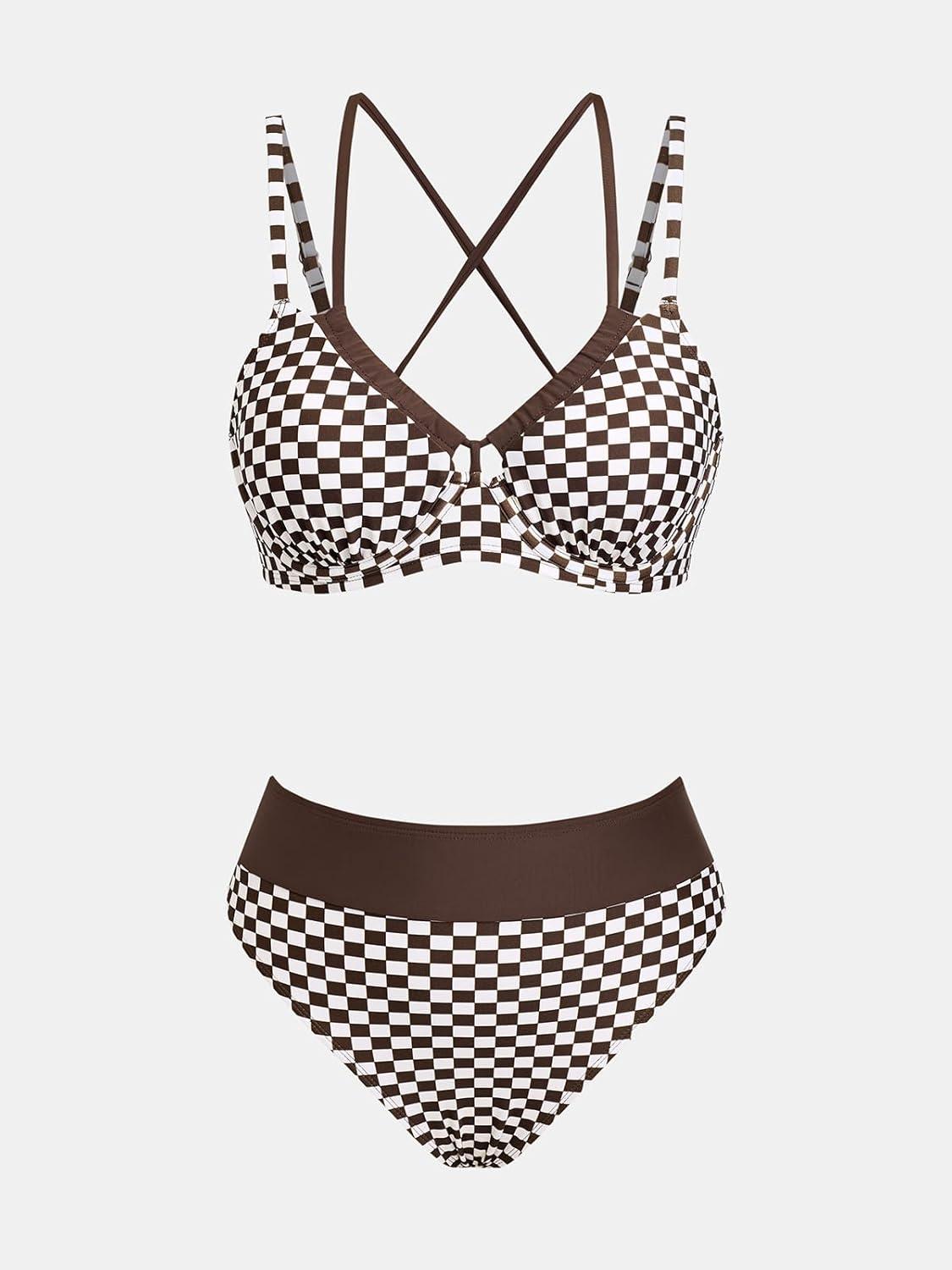 imageCUPSHE Womens Bikini Sets Two Piece Swimsuit High Waisted Underwire Double Straps Crisscross Back Self TieChocolate Brown Gingham