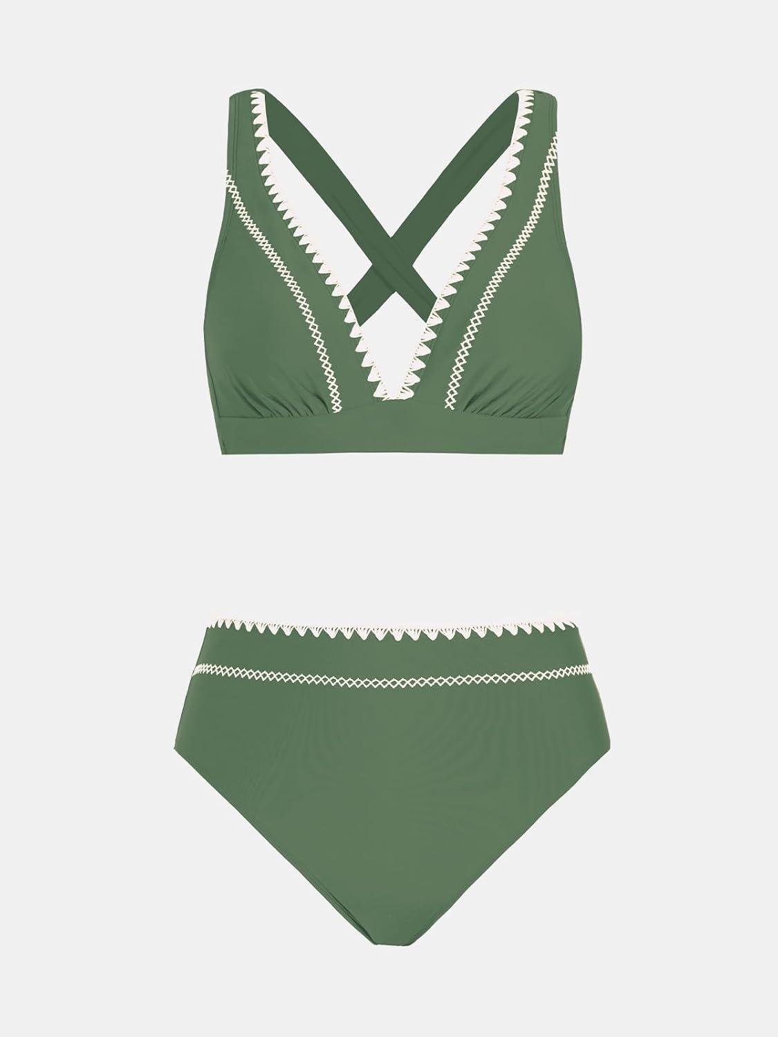 imageCUPSHE Womens Bikini Sets Two Piece Swimsuit High Waisted V Neck Crisscross Back Self Tie Color Block Wide StrapsGreen