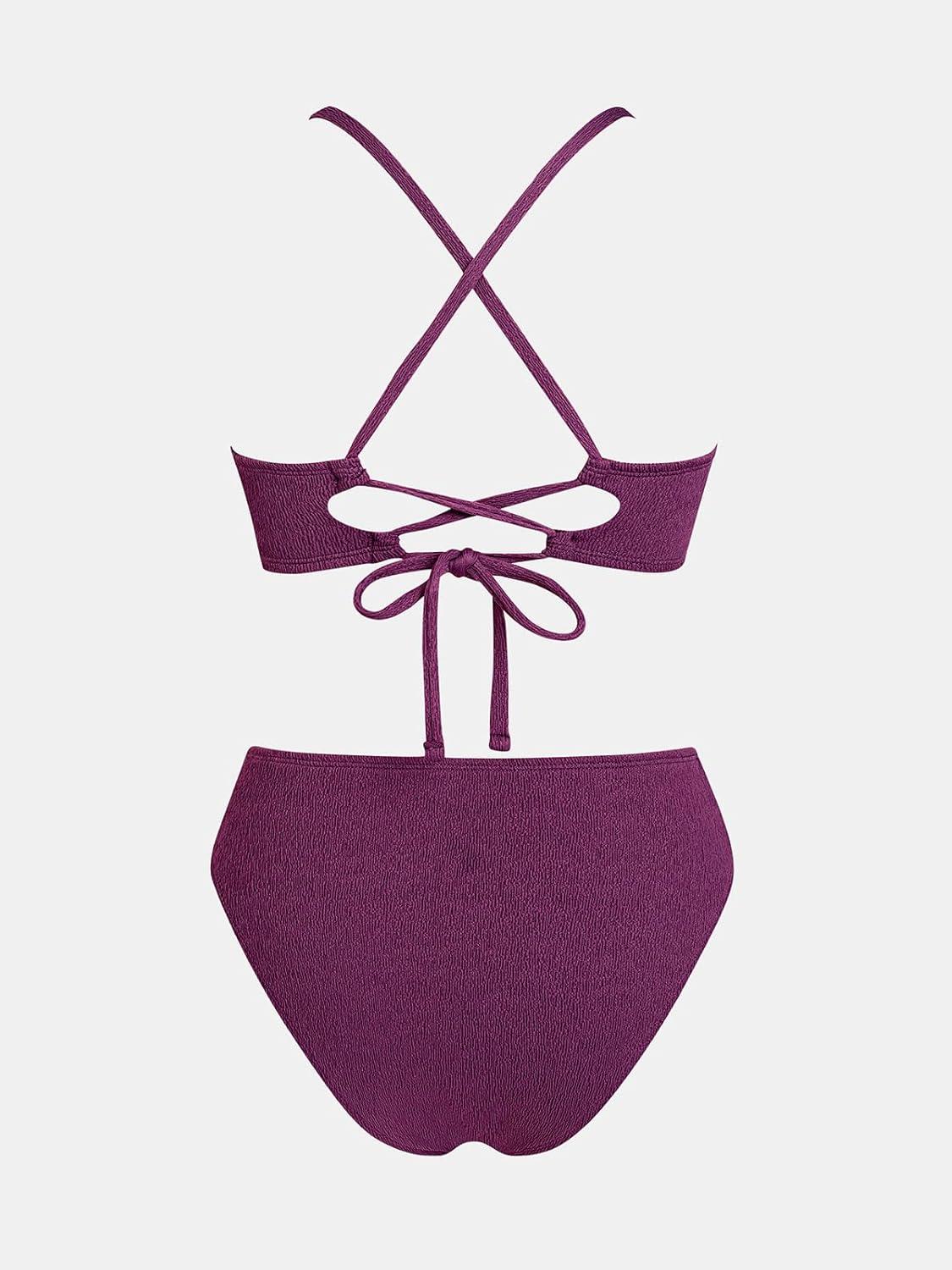 imageCUPSHE Womens Bikini Sets Two Piece Swimsuit High Waisted V Neck Crisscross Back Self Tie O RingDeep Plum