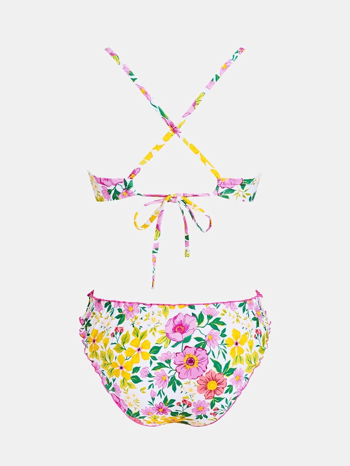imageCUPSHE Womens Bikini Sets Two Piece Swimsuit Low Rise Bathing Suits Ruffled Scoop Neck Crossback Tie CheekyPink Yellow Floral