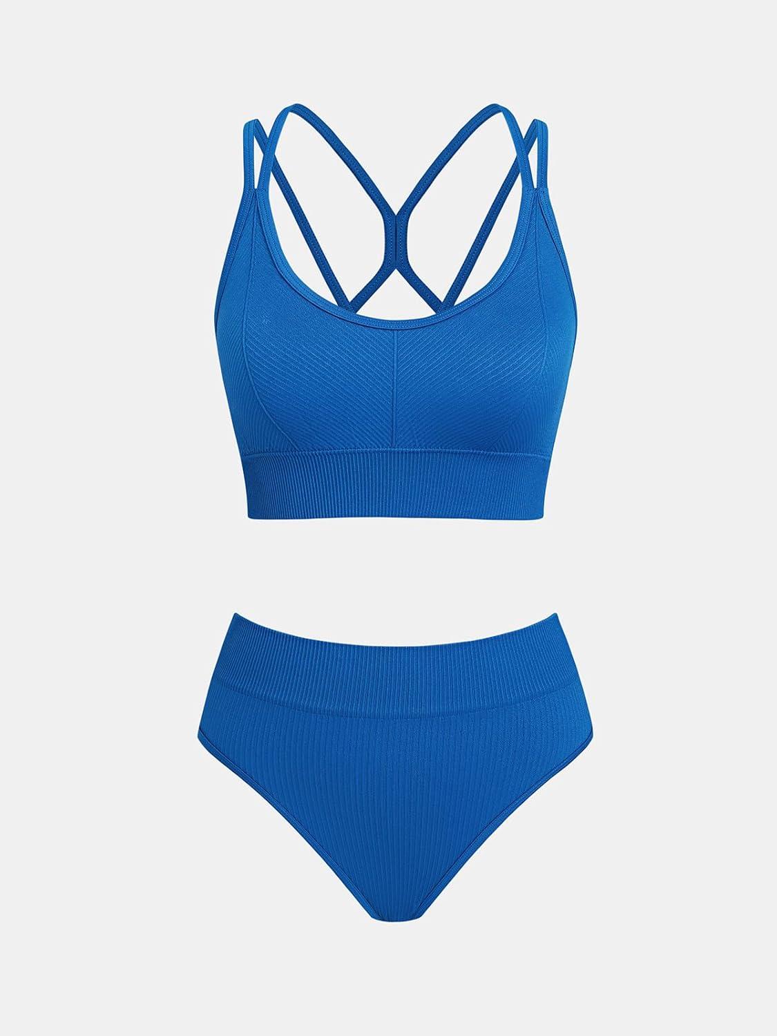 imageCUPSHE Womens Bikini Sets Two Piece Swimsuit Scoop Neck High Waisted Back Strappy MidkiniNavy Blue
