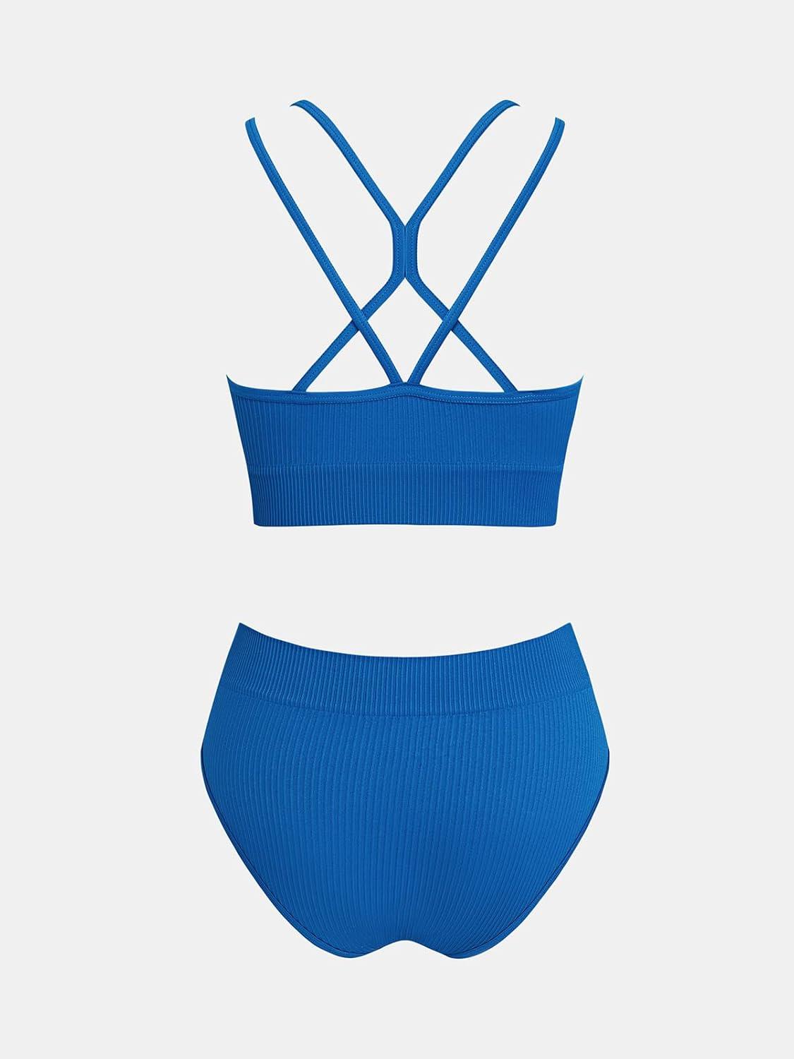 imageCUPSHE Womens Bikini Sets Two Piece Swimsuit Scoop Neck High Waisted Back Strappy MidkiniNavy Blue