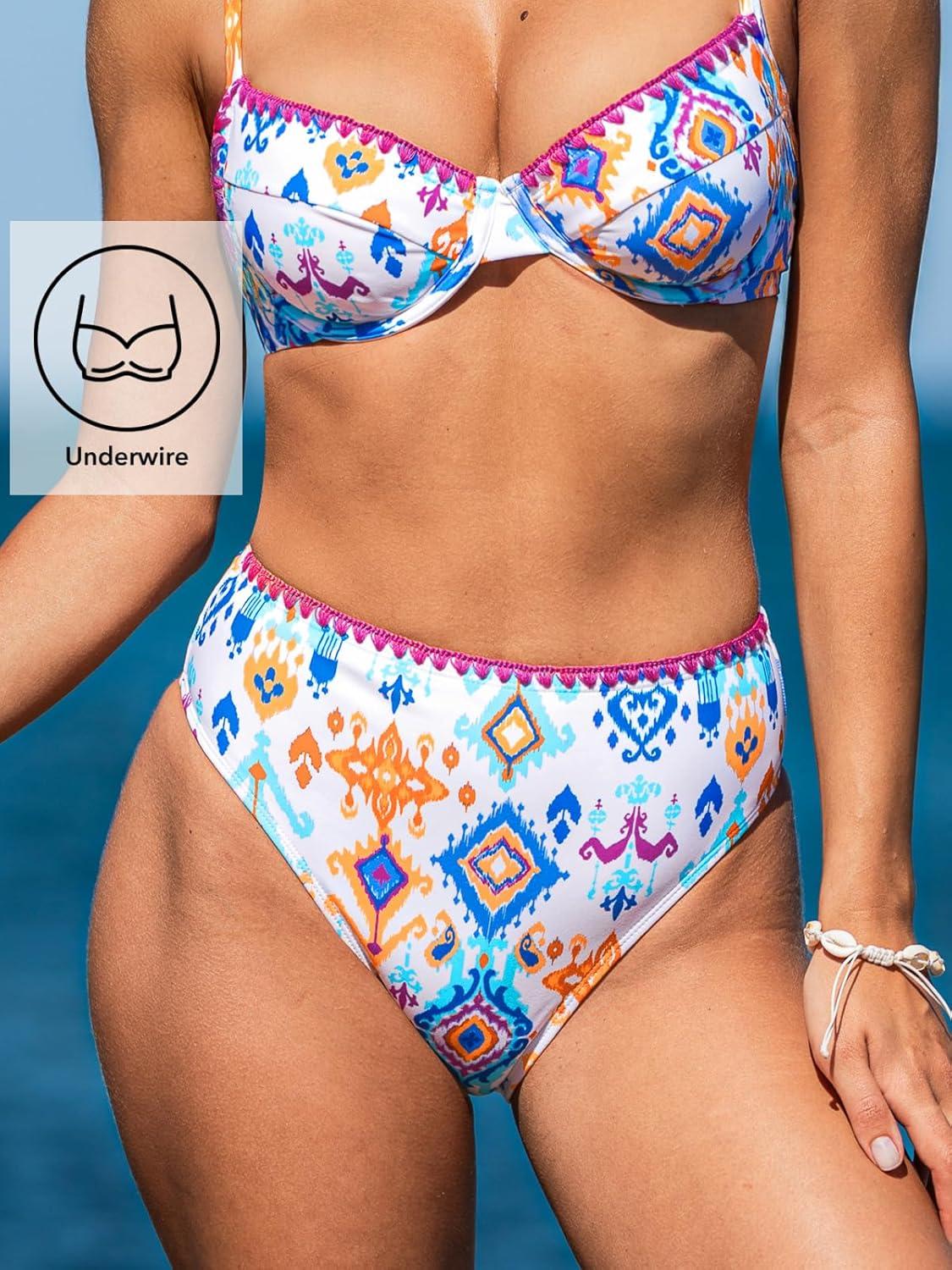 imageCUPSHE Womens Bikini Sets Two Piece Swimsuit V Neck High Waisted Underwire Stitching Adjustable Straps Back HookWhiteBlueOrange