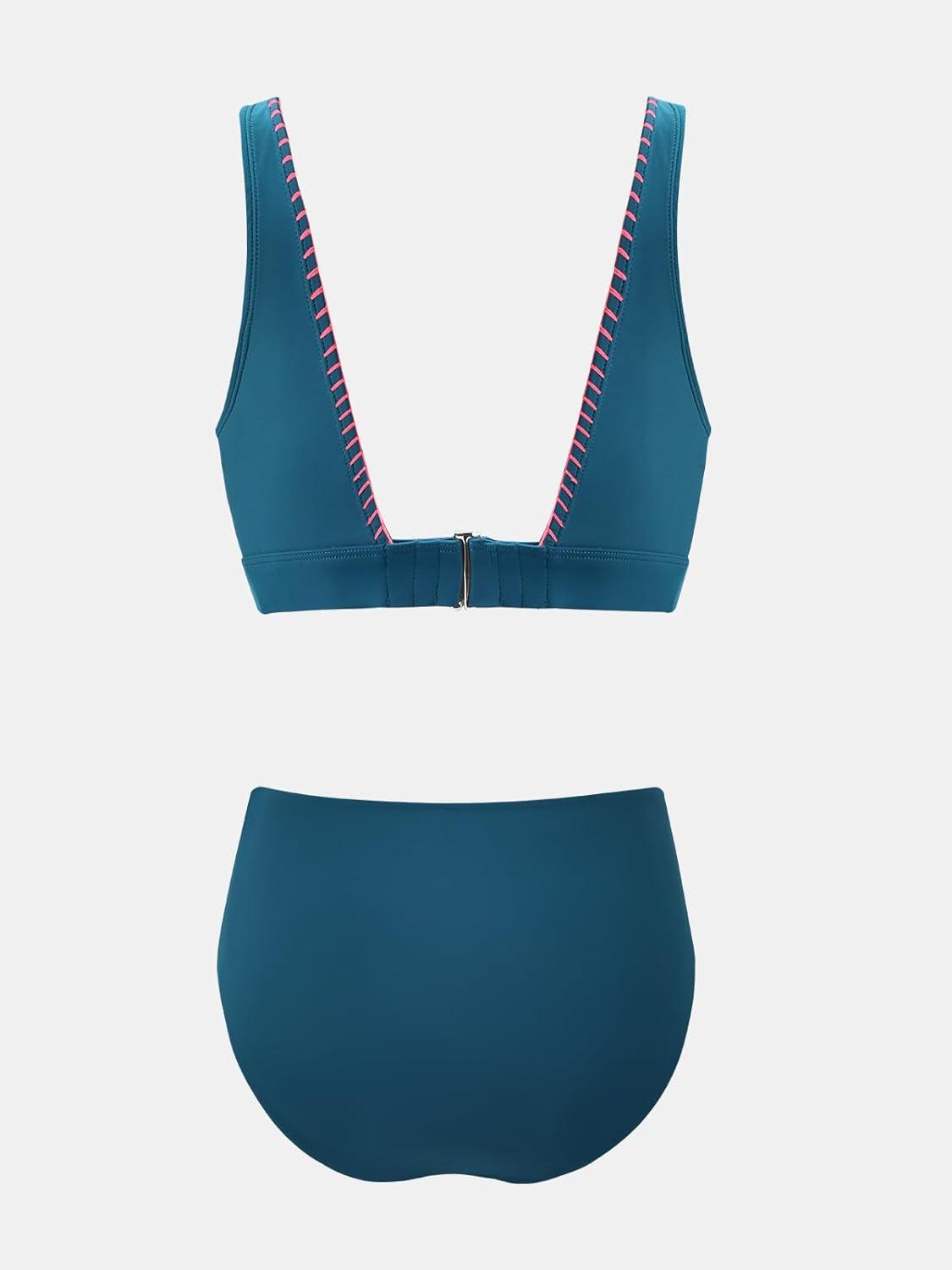 imageCUPSHE Womens Bikini Sets V Neck Wide Straps Stitched Trim Bathing Suit V Cut Waist BottomDark Teal