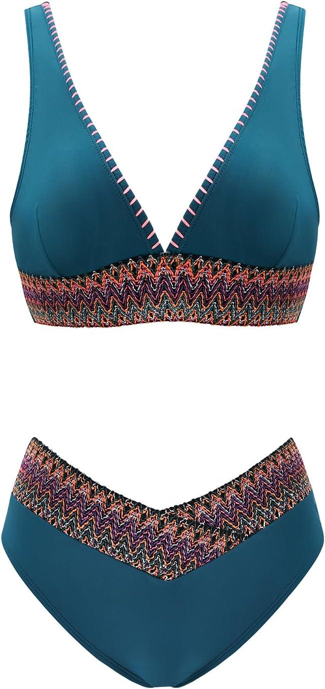 imageCUPSHE Womens Bikini Sets V Neck Wide Straps Stitched Trim Bathing Suit V Cut Waist BottomDark Teal