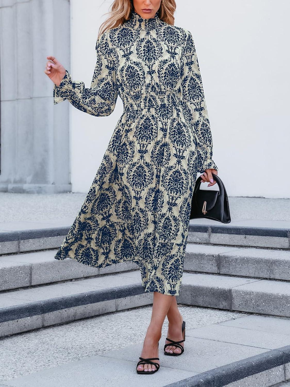 imageCUPSHE Womens Boho Ruffle Maxi Fall Dress Mock Neck Long Lantern Sleeve Elastic Waist Paisley Casual Autumn DressesBlue