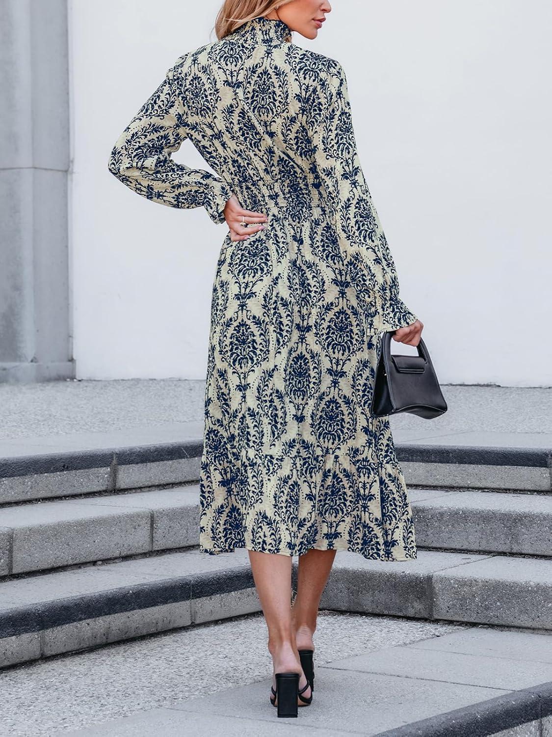 imageCUPSHE Womens Boho Ruffle Maxi Fall Dress Mock Neck Long Lantern Sleeve Elastic Waist Paisley Casual Autumn DressesBlue