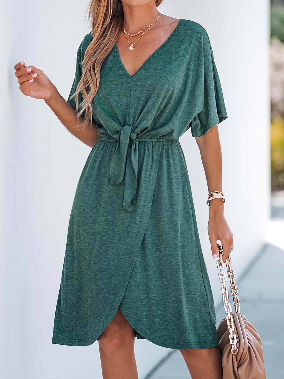 imageCUPSHE Womens Bow VNeck Mini Dress Short Sleeves Solid Knit Dresses Casual SummerGreen