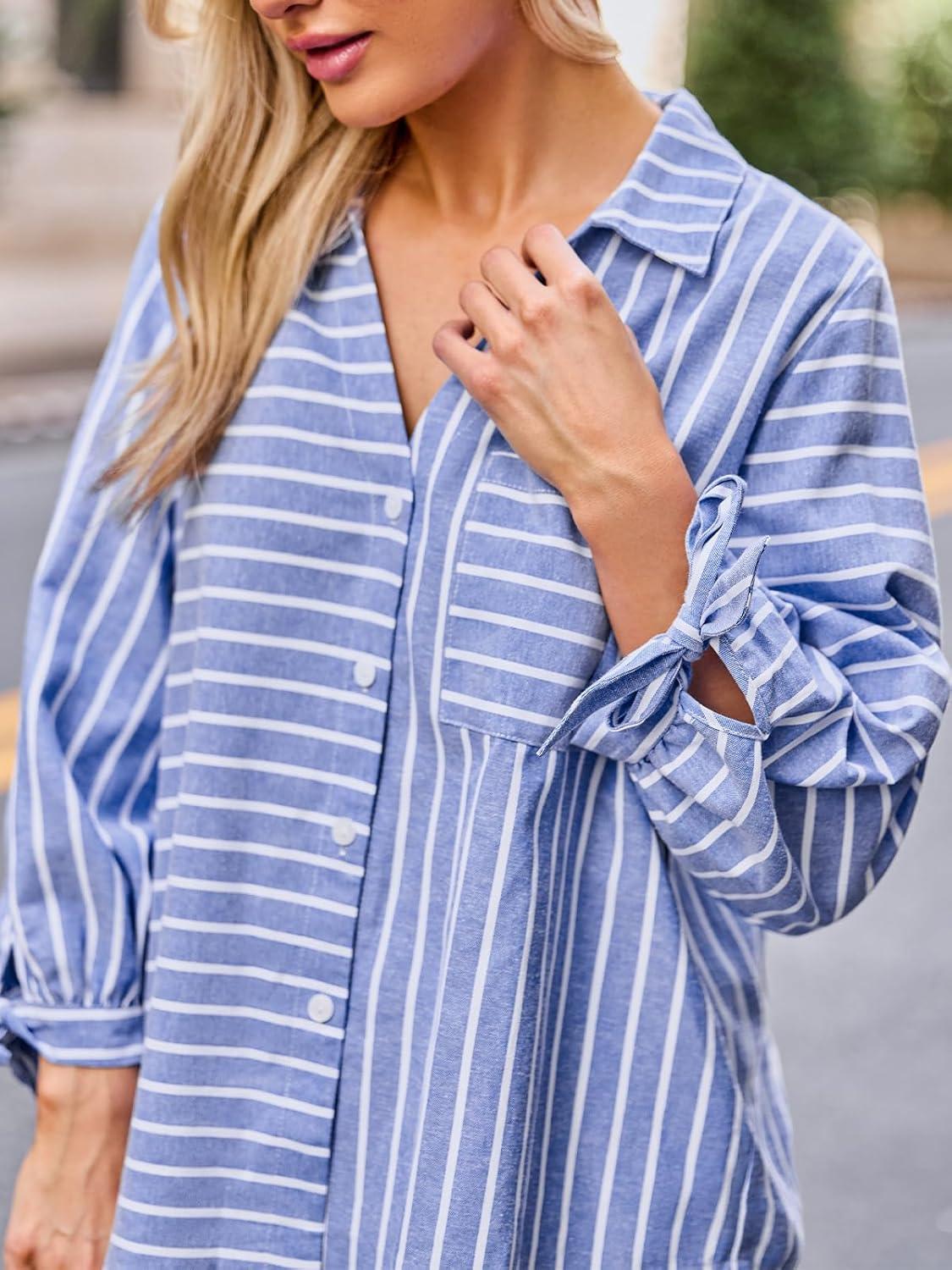 imageCUPSHE Womens Casual Striped Top V Neck Button Down Shirt Long Sleeve Tie Cuffs Loose Fit BlouseBlue