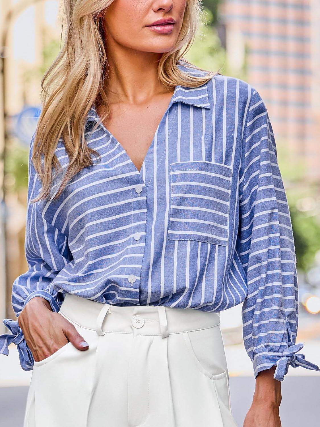imageCUPSHE Womens Casual Striped Top V Neck Button Down Shirt Long Sleeve Tie Cuffs Loose Fit BlouseBlue