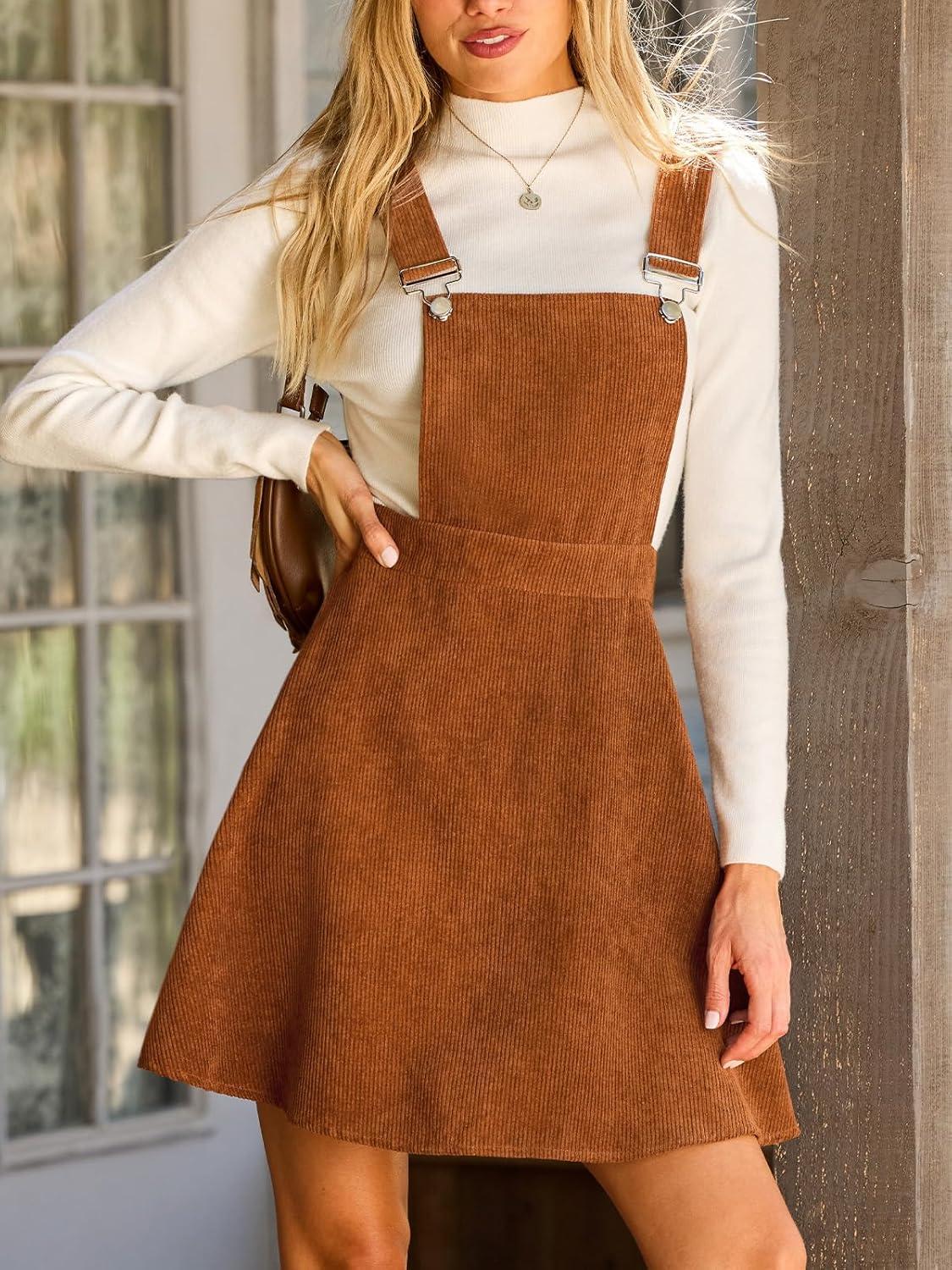 imageCUPSHE Womens Corduroy Fall Overall Dress Square Neck Adjustable Straps Ruffle Hem Casual Pinafore Mini DressBrown