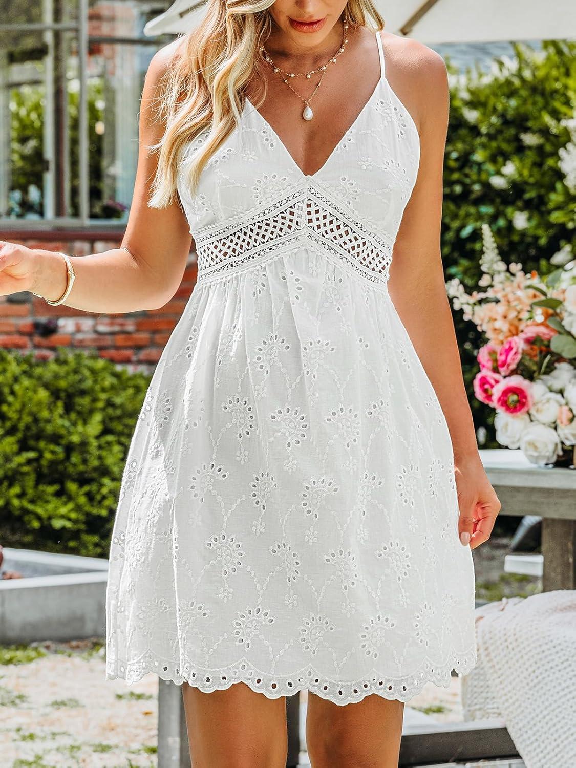imageCUPSHE Womens Cotton Summer Dresses Causal Halter Backless V Neck Sleeveless Lace Cutout Mini DressWhite
