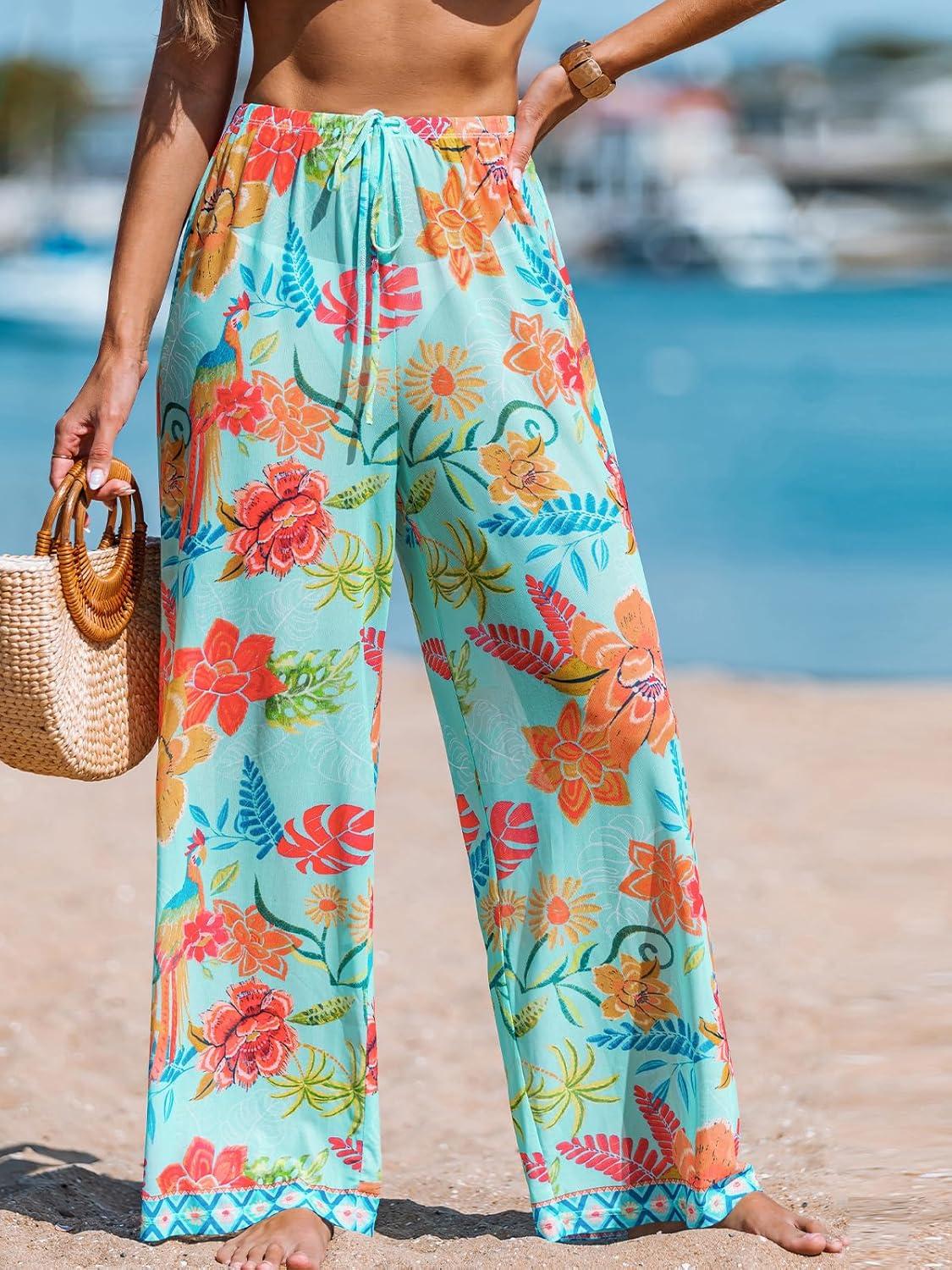 imageCUPSHE Womens Cover up Boho Floral Print Drawstring Wide Leg Pants High Waist Wrap CoverUp PantBluepink