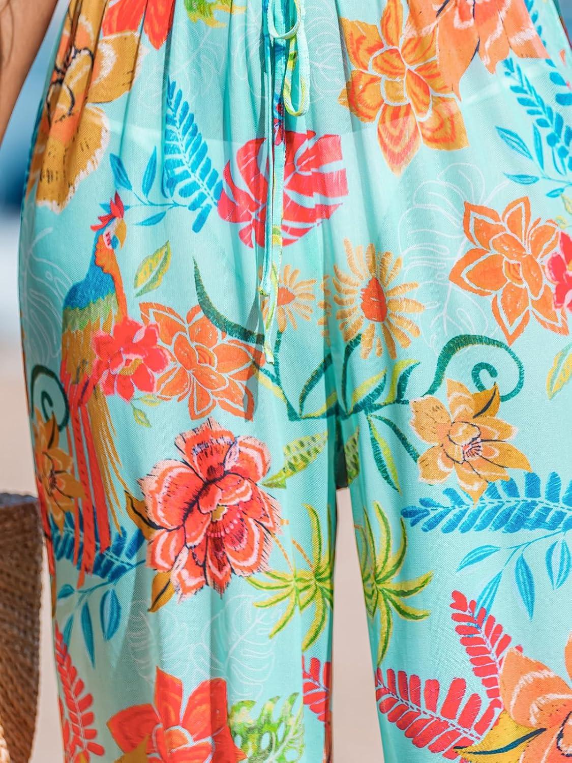 imageCUPSHE Womens Cover up Boho Floral Print Drawstring Wide Leg Pants High Waist Wrap CoverUp PantBluepink