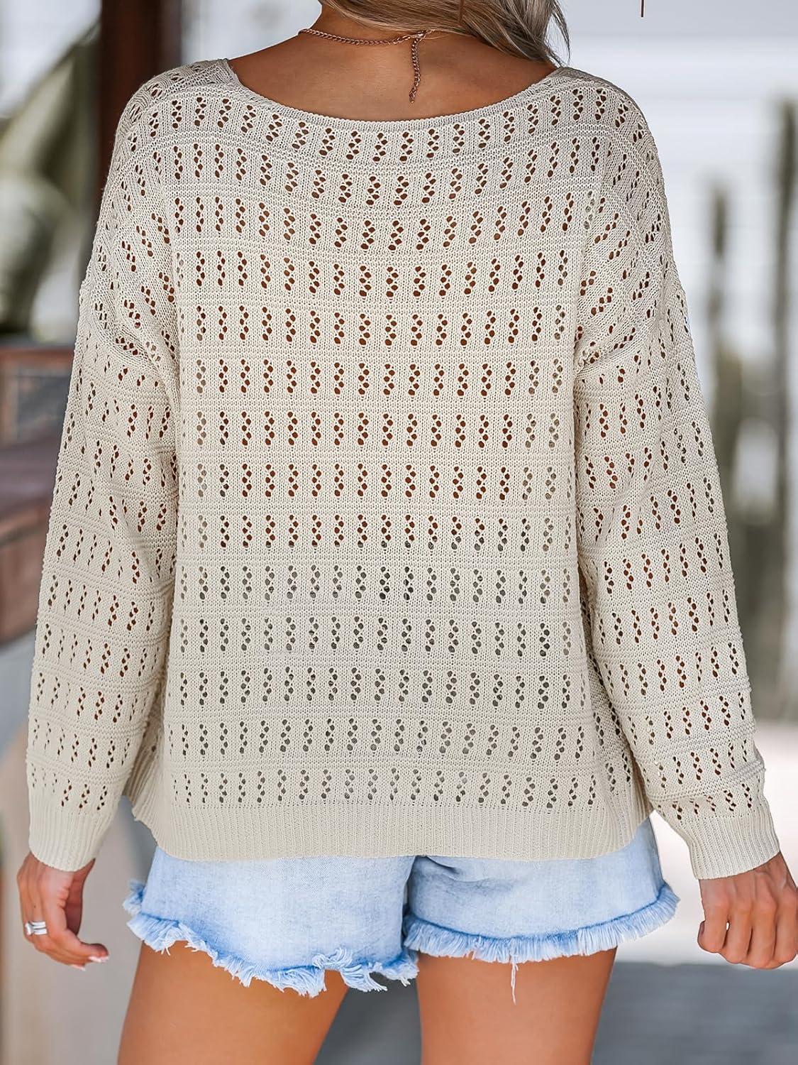 imageCUPSHE Womens Crochet Sweater Hollow Out Pullover Top Long Sleeve Lightweight Loose Knit Cover Up V Neck Boho TopsApricot