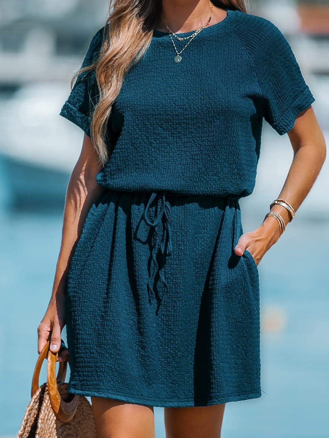 imageCUPSHE Womens Drawstring Waist Mini Dress Short Sleeves Round NeckNavy Blue