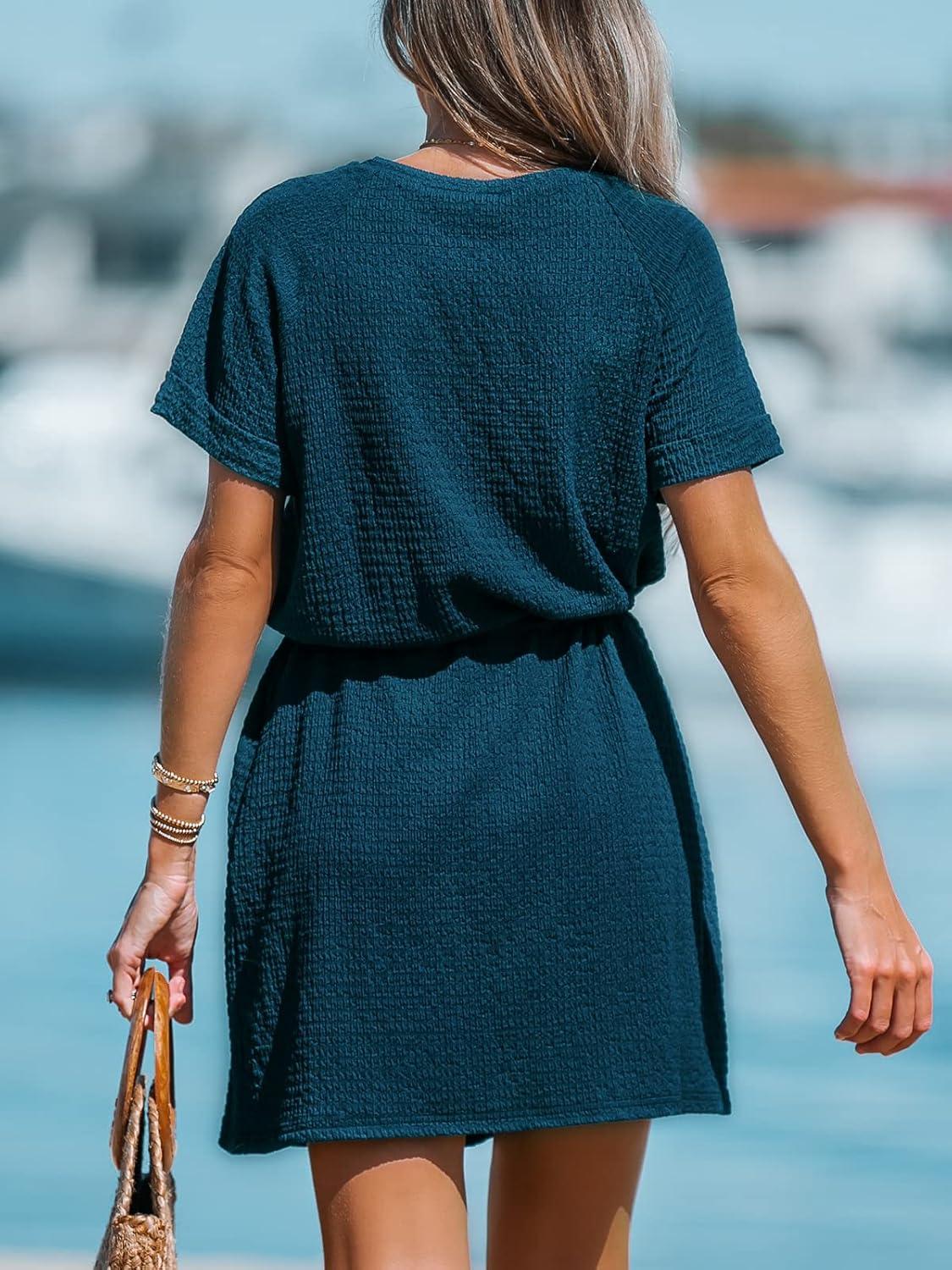imageCUPSHE Womens Drawstring Waist Mini Dress Short Sleeves Round NeckNavy Blue