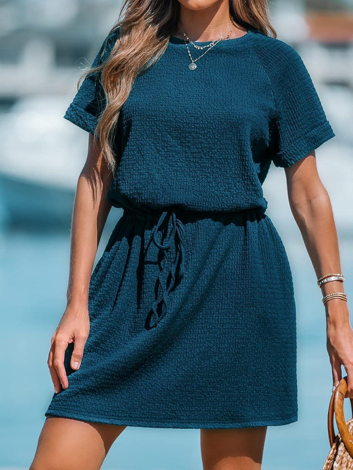 imageCUPSHE Womens Drawstring Waist Mini Dress Short Sleeves Round NeckNavy Blue