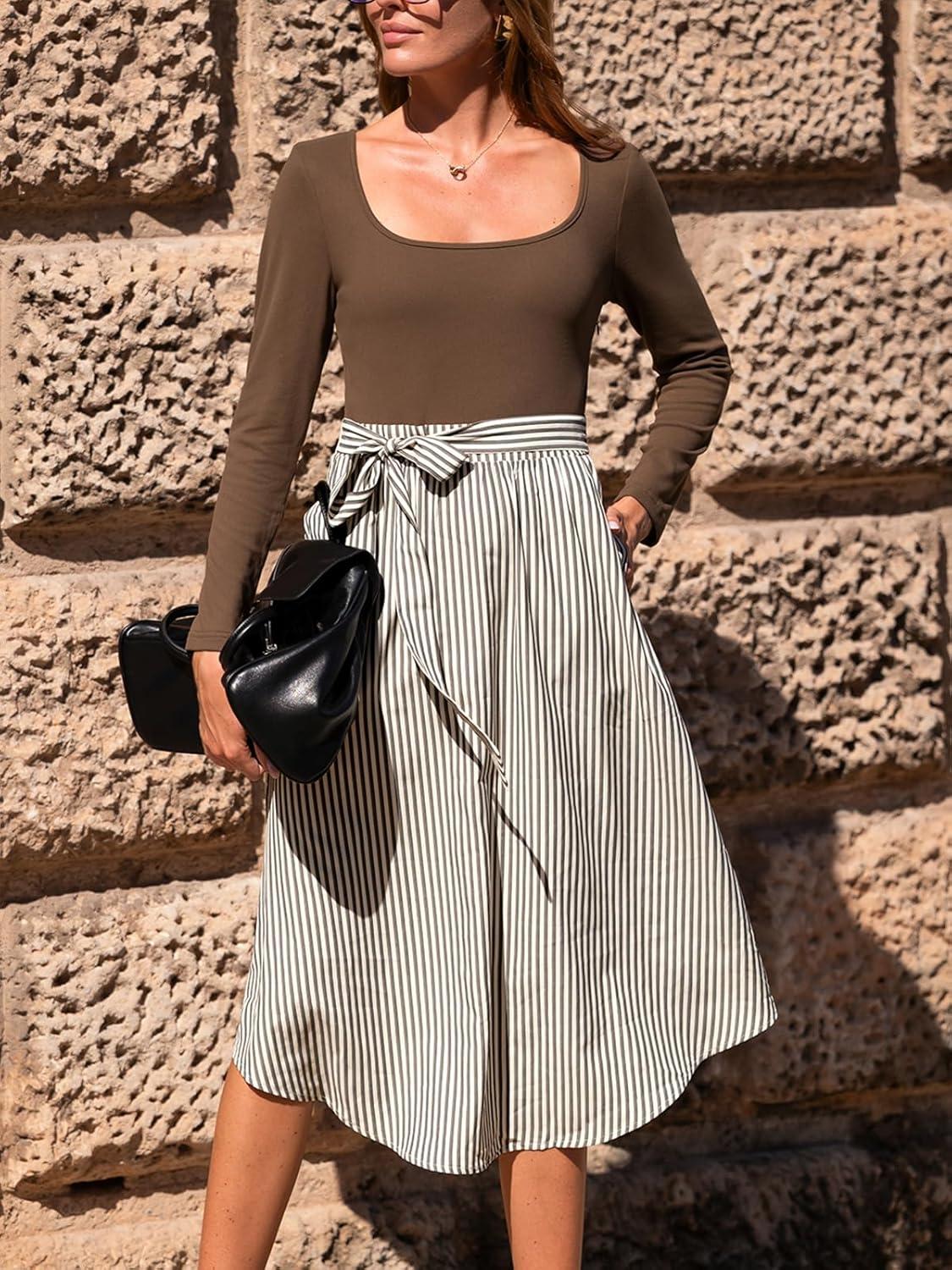 imageCUPSHE Womens Fall Casual Work Dress Long Sleeve Square Neck Waist Tie Abstract Print Midi DressesBrownstripe