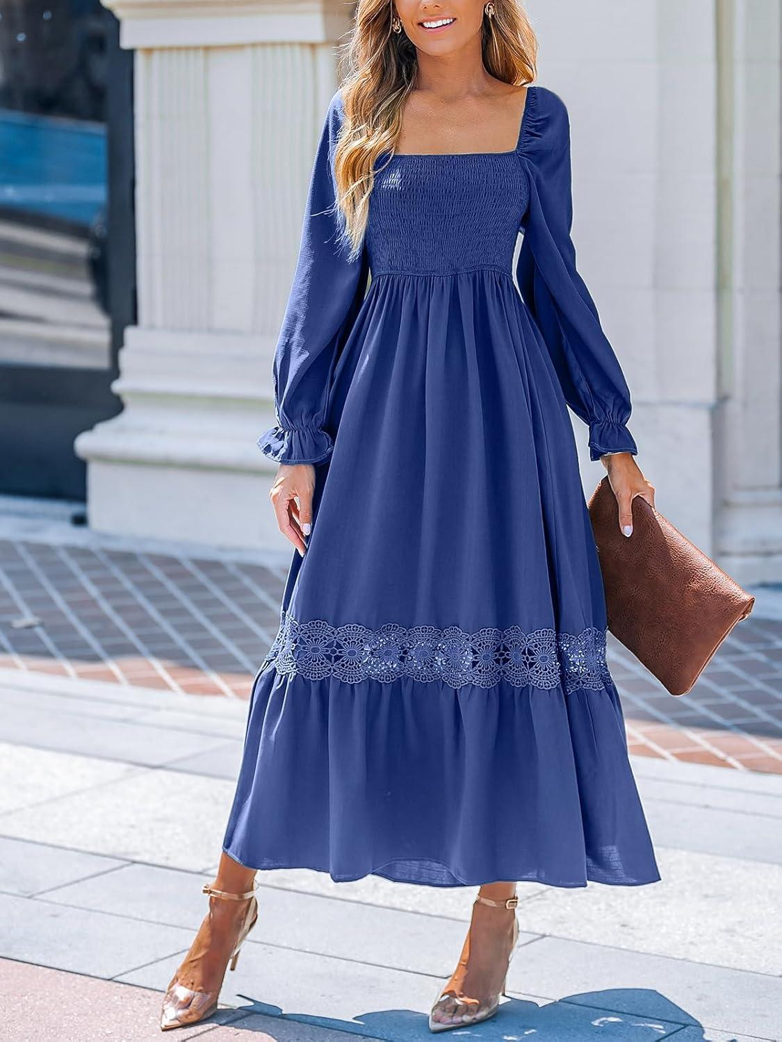 imageCUPSHE Womens Fall Dresses 2025 Square Neck Smocked Long Sleeve Ruffled Lace Long Formal A Line Maxi Wedding Guest DressNavy Blue