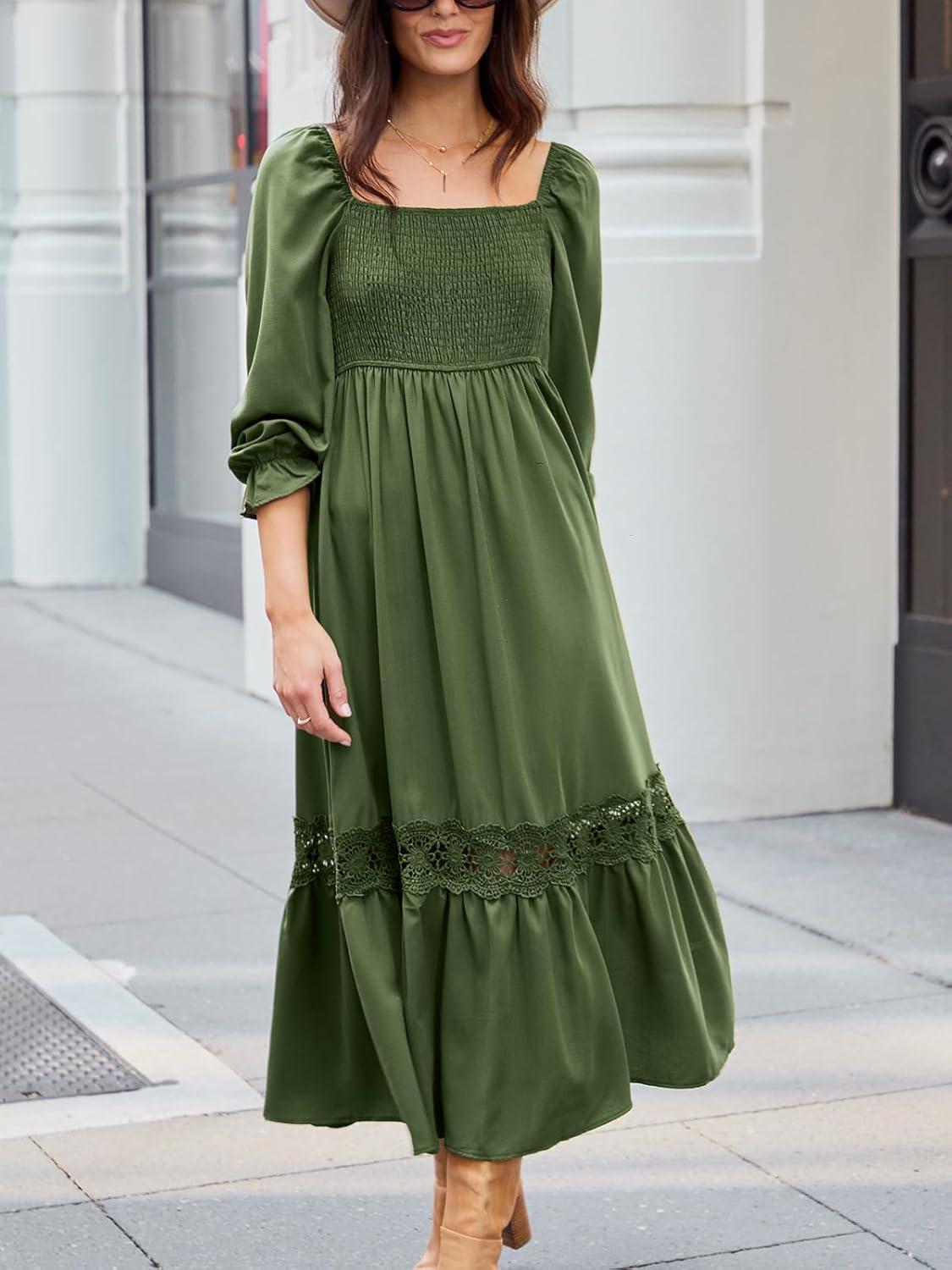 imageCUPSHE Womens Fall Dresses 2025 Square Neck Smocked Long Sleeve Ruffled Lace Long Formal A Line Maxi Wedding Guest DressOlive Green