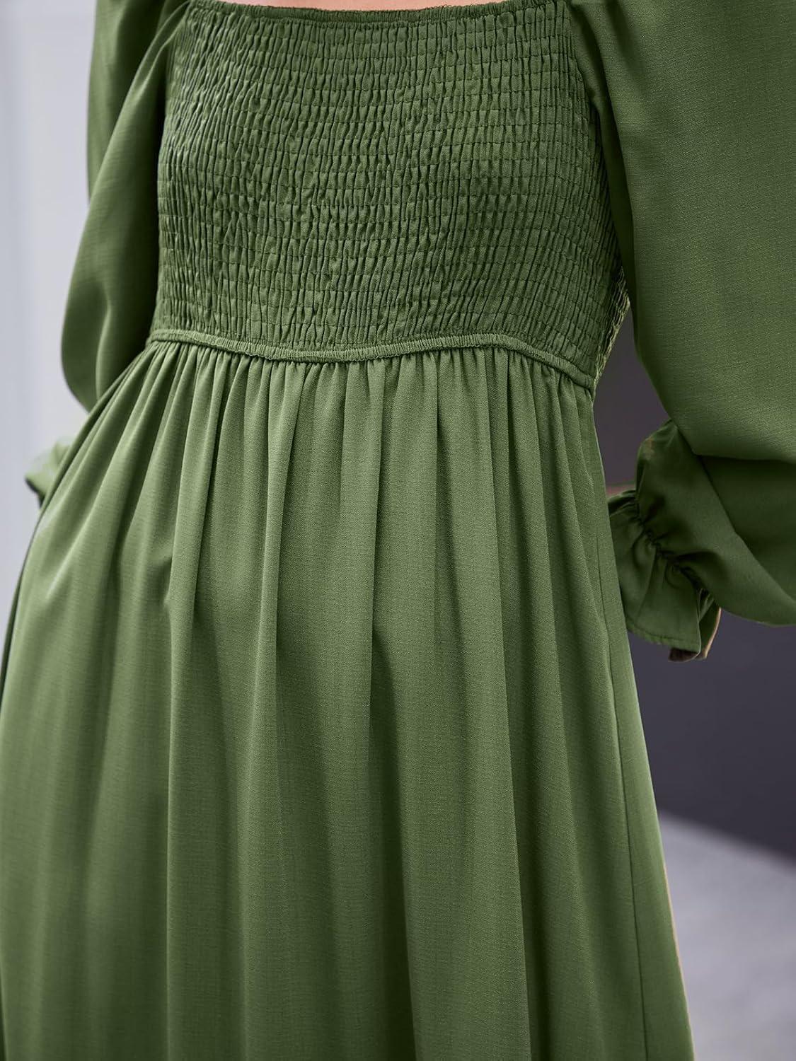 imageCUPSHE Womens Fall Dresses 2025 Square Neck Smocked Long Sleeve Ruffled Lace Long Formal A Line Maxi Wedding Guest DressOlive Green