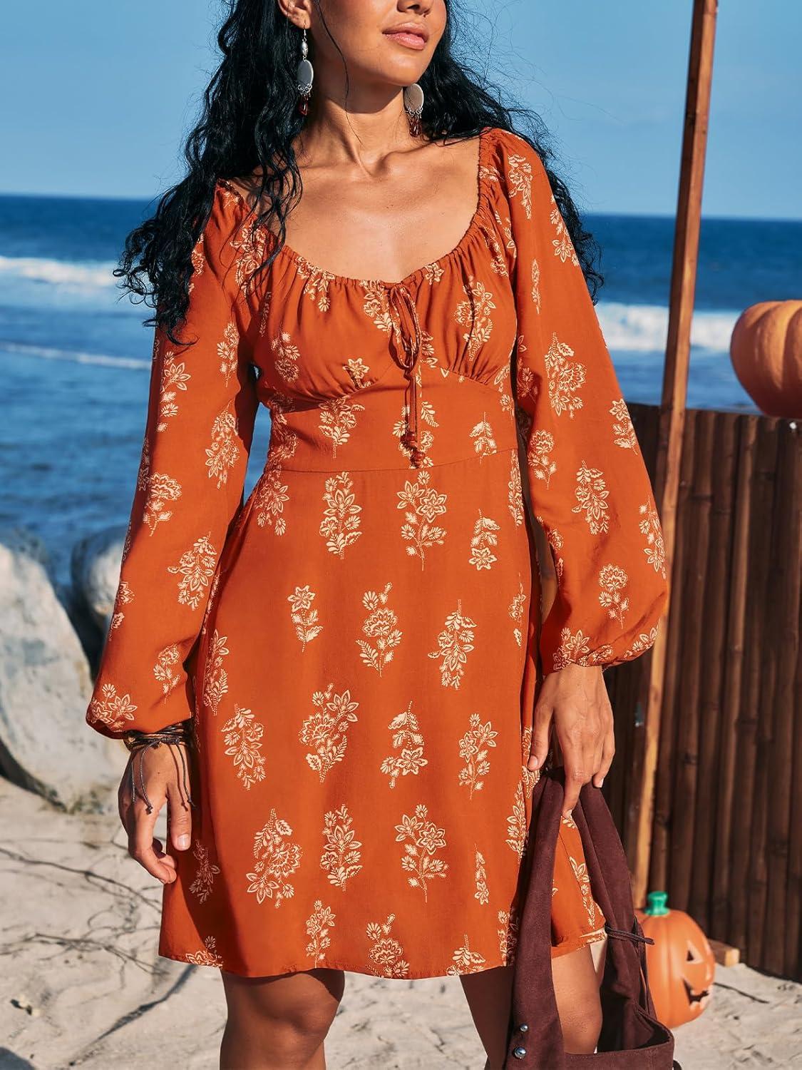 imageCUPSHE Womens Fall Dresses Long Sleeve Scoop Neck Casual Drawstring Floral High Waist Elegant Party Mini DressBurnt Orange