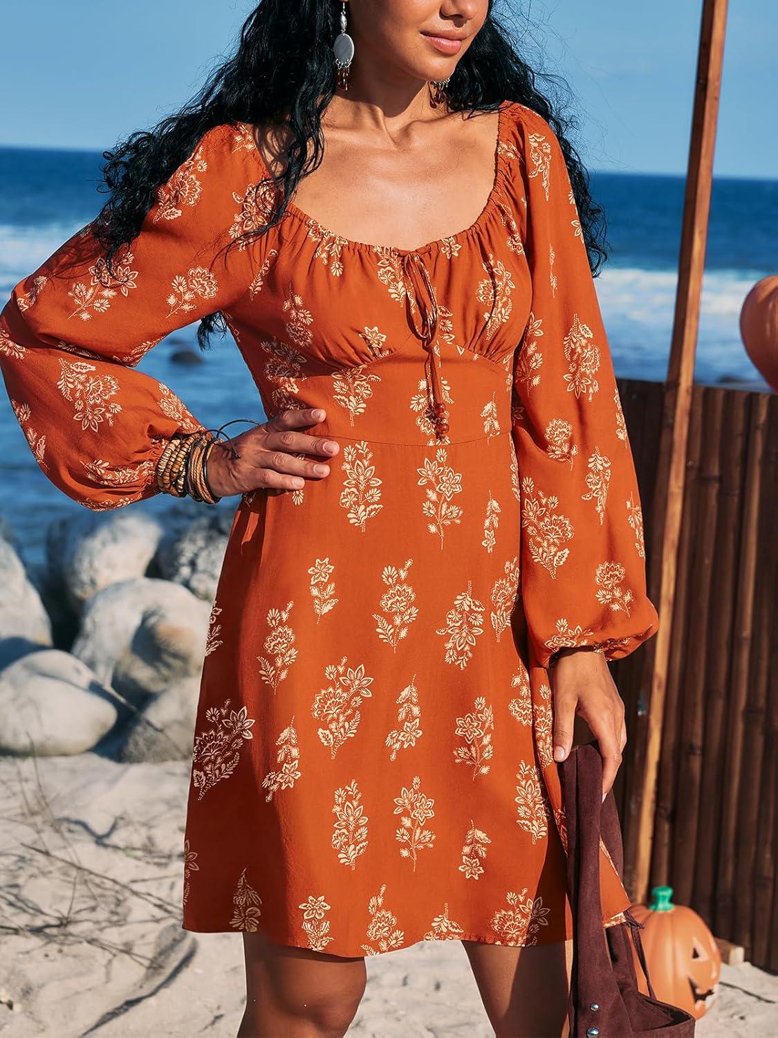 imageCUPSHE Womens Fall Dresses Long Sleeve Scoop Neck Casual Drawstring Floral High Waist Elegant Party Mini DressBurnt Orange