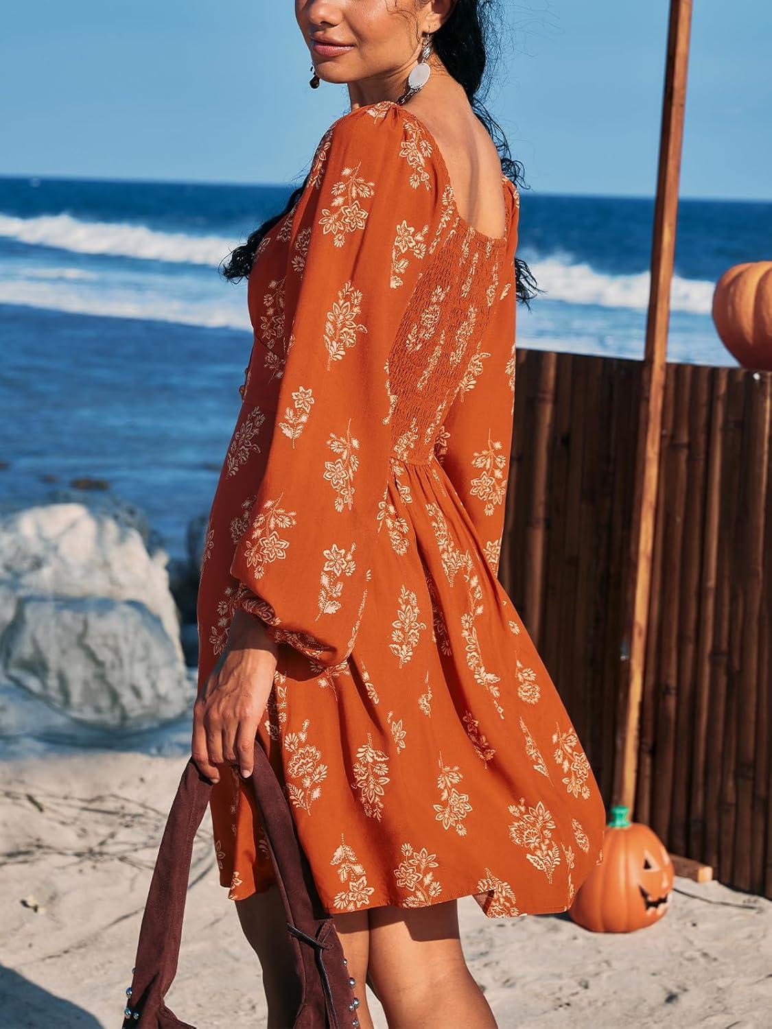 imageCUPSHE Womens Fall Dresses Long Sleeve Scoop Neck Casual Drawstring Floral High Waist Elegant Party Mini DressBurnt Orange