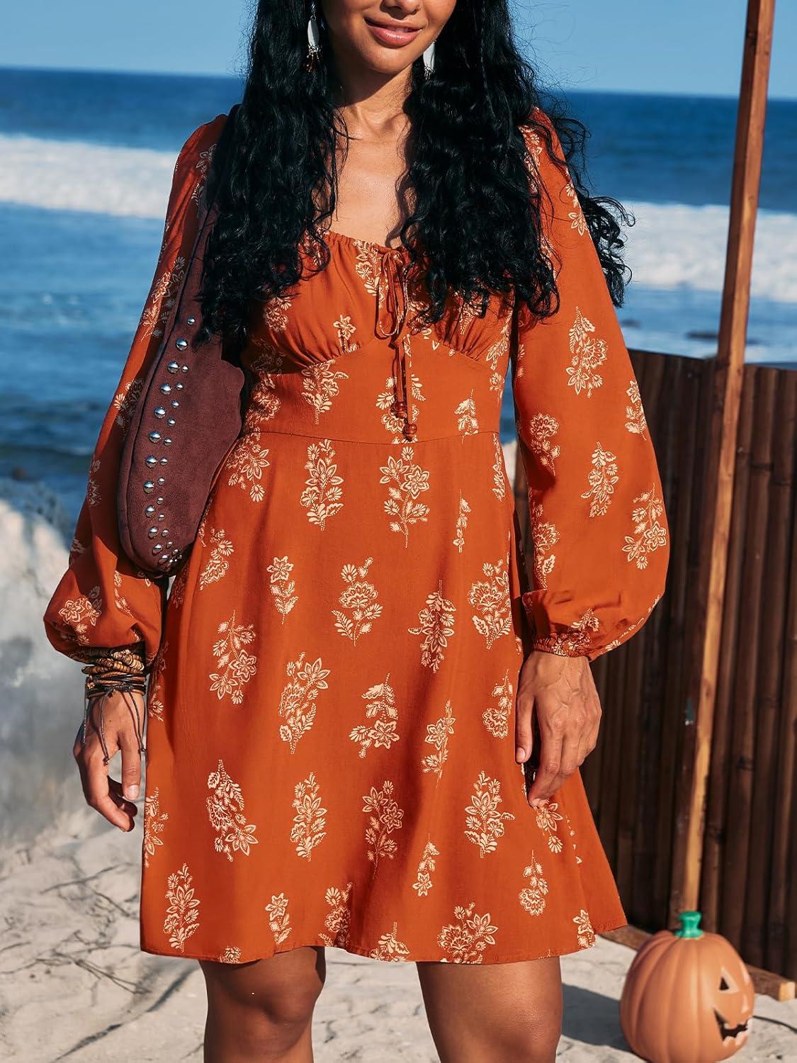 imageCUPSHE Womens Fall Dresses Long Sleeve Scoop Neck Casual Drawstring Floral High Waist Elegant Party Mini DressBurnt Orange