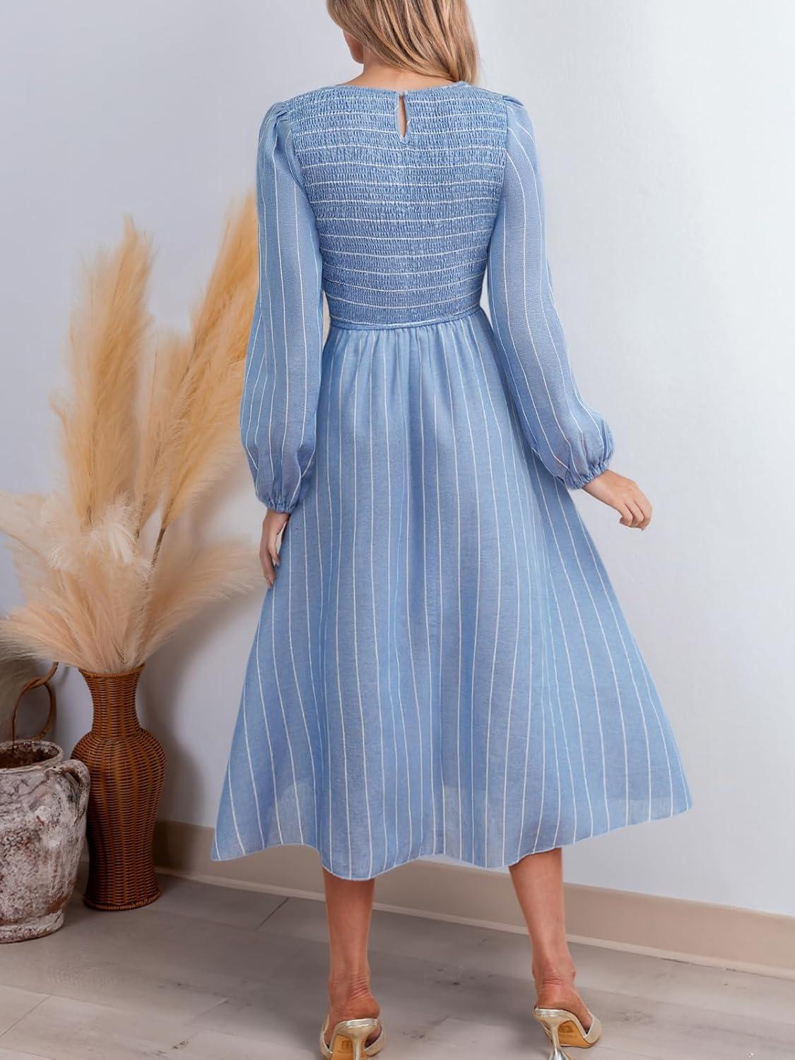 imageCUPSHE Womens Fall Dresses Long Sleeves Square Neck Striped Casual Outfits Smocked A Line Ruffled Flowy Midi Formal DressBlue