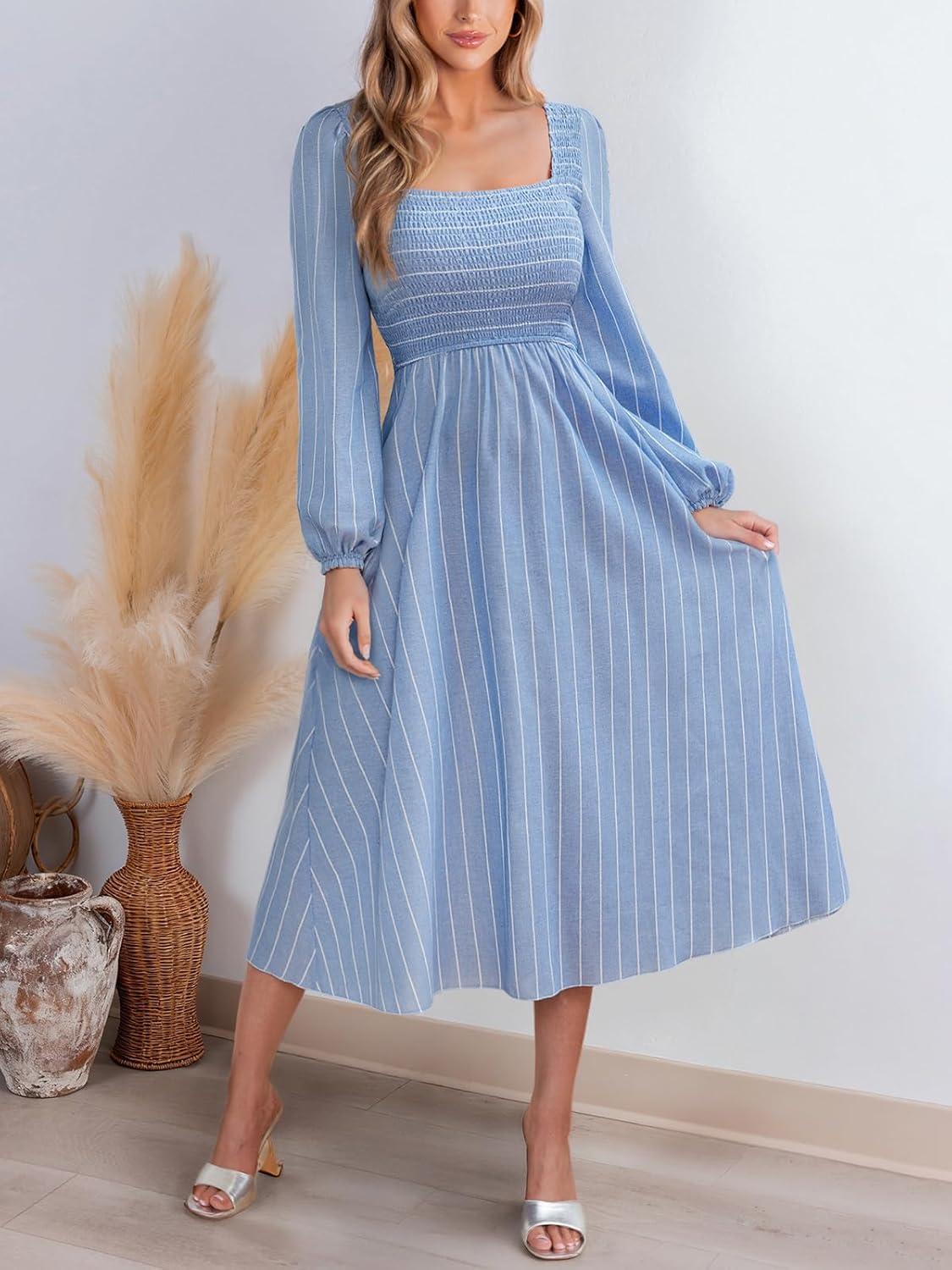 imageCUPSHE Womens Fall Dresses Long Sleeves Square Neck Striped Casual Outfits Smocked A Line Ruffled Flowy Midi Formal DressBlue