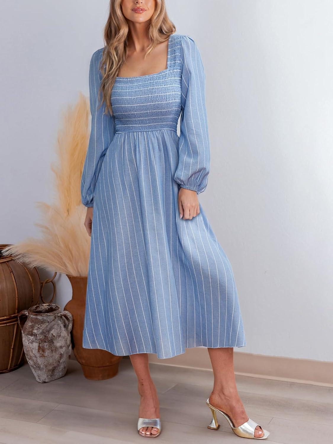 imageCUPSHE Womens Fall Dresses Long Sleeves Square Neck Striped Casual Outfits Smocked A Line Ruffled Flowy Midi Formal DressBlue