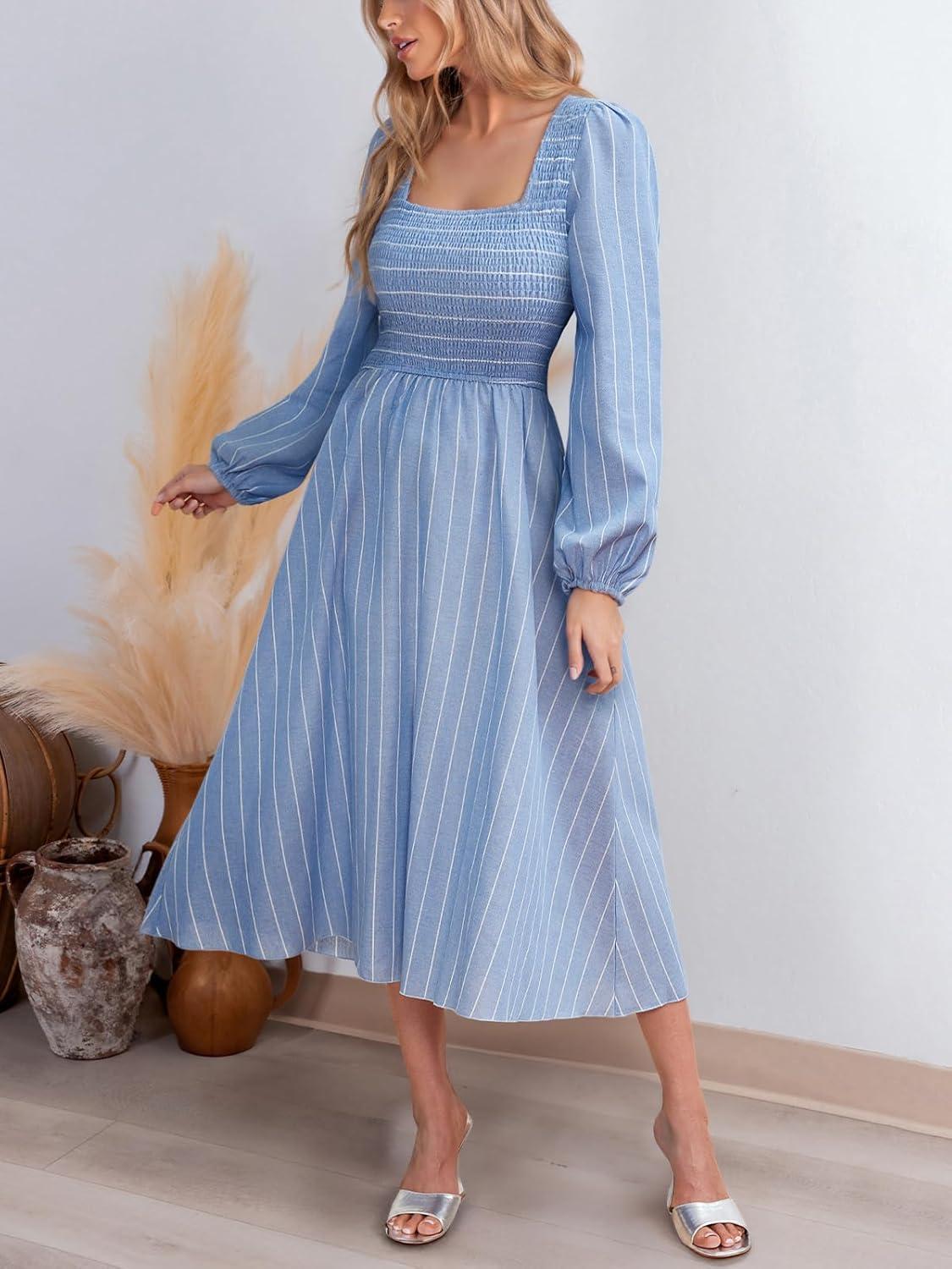 imageCUPSHE Womens Fall Dresses Long Sleeves Square Neck Striped Casual Outfits Smocked A Line Ruffled Flowy Midi Formal DressBlue